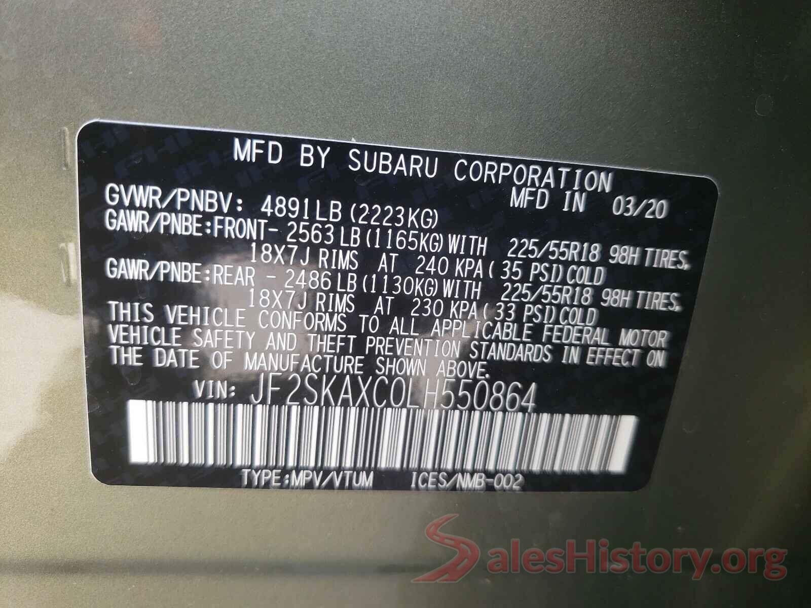 JF2SKAXC0LH550864 2020 SUBARU FORESTER