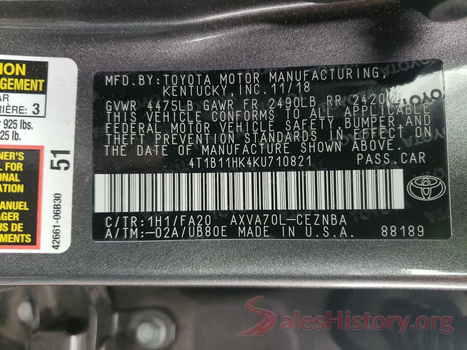 4T1B11HK4KU710821 2019 TOYOTA CAMRY