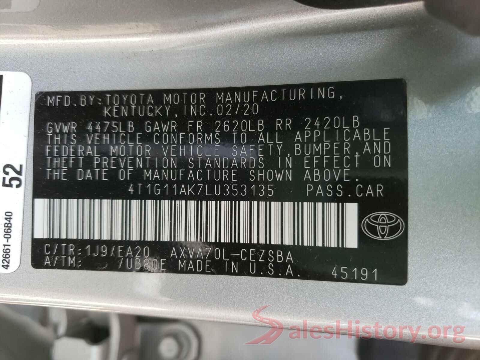 4T1G11AK7LU353135 2020 TOYOTA CAMRY