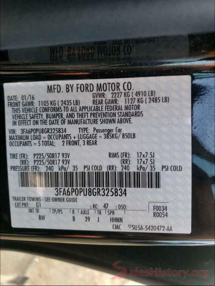 3FA6P0PU8GR325834 2016 FORD FUSION