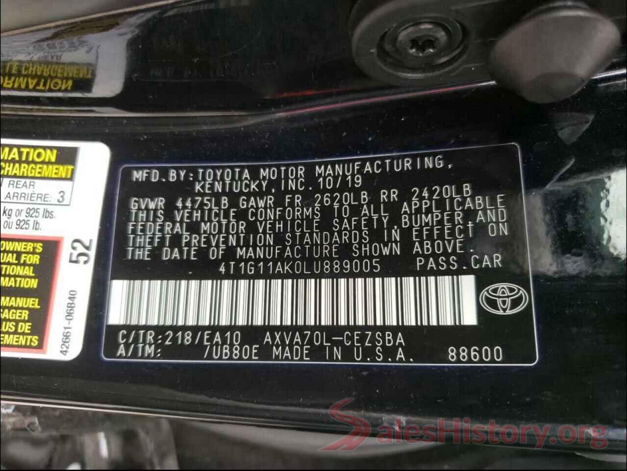 4T1G11AK0LU889005 2020 TOYOTA CAMRY