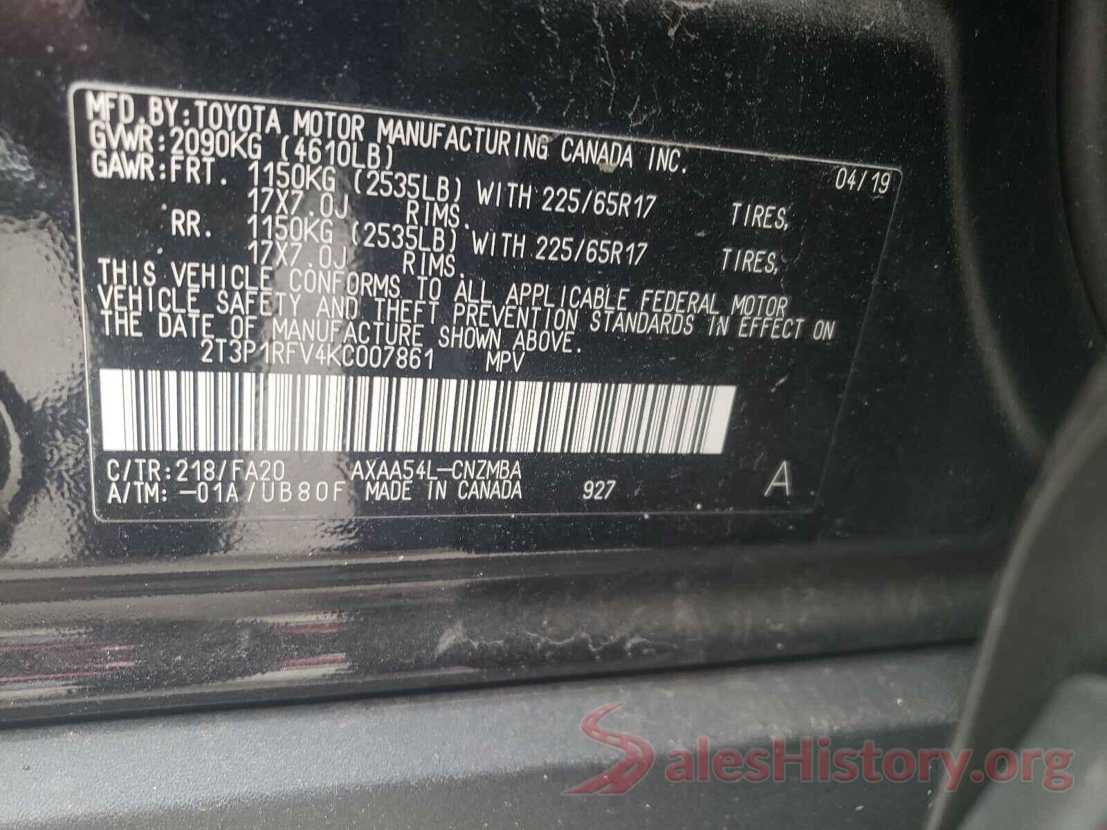 2T3P1RFV4KC007861 2019 TOYOTA RAV4