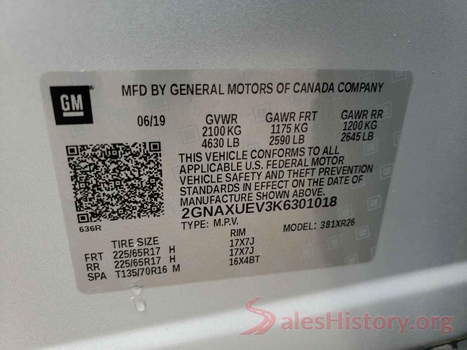 2GNAXUEV3K6301018 2019 CHEVROLET EQUINOX