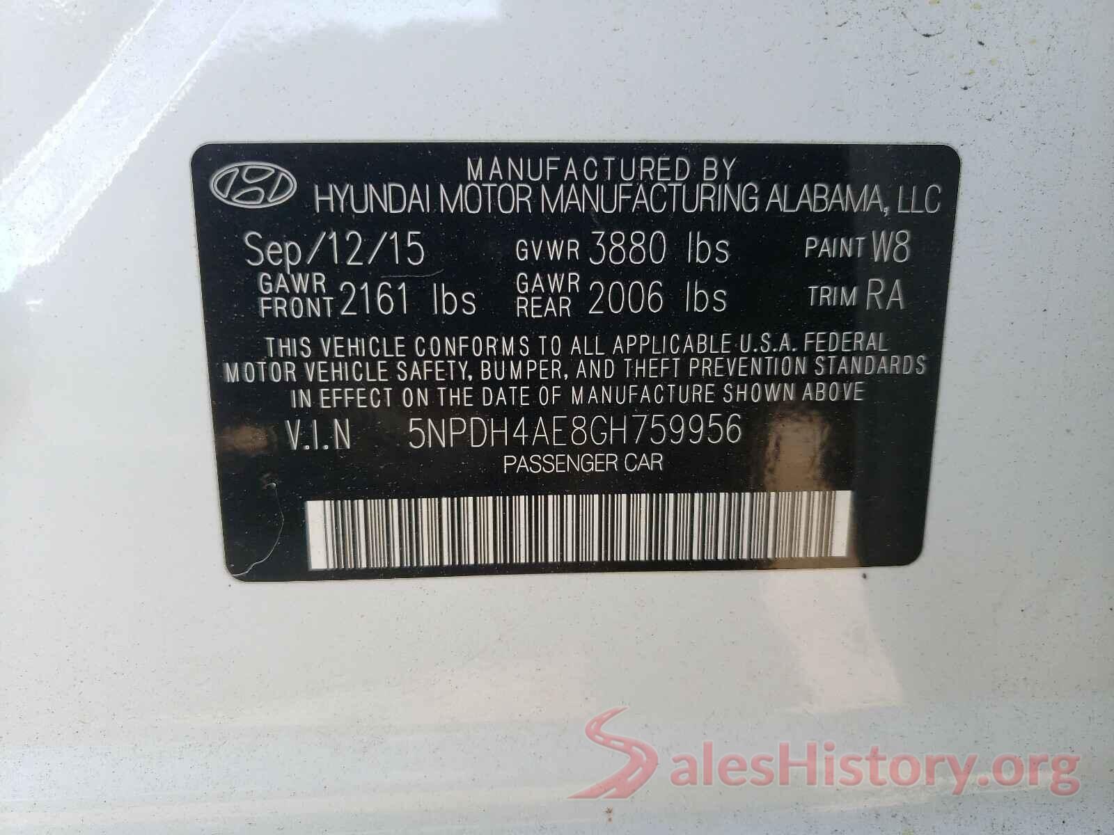 5NPDH4AE8GH759956 2016 HYUNDAI ELANTRA