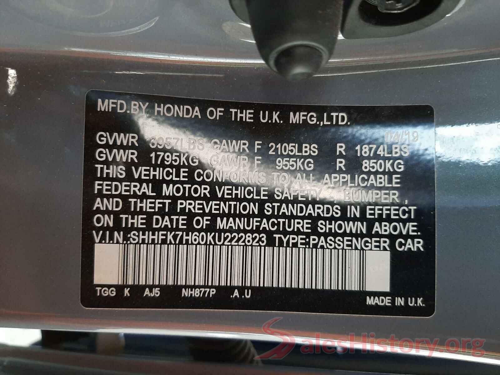 SHHFK7H60KU222823 2019 HONDA CIVIC