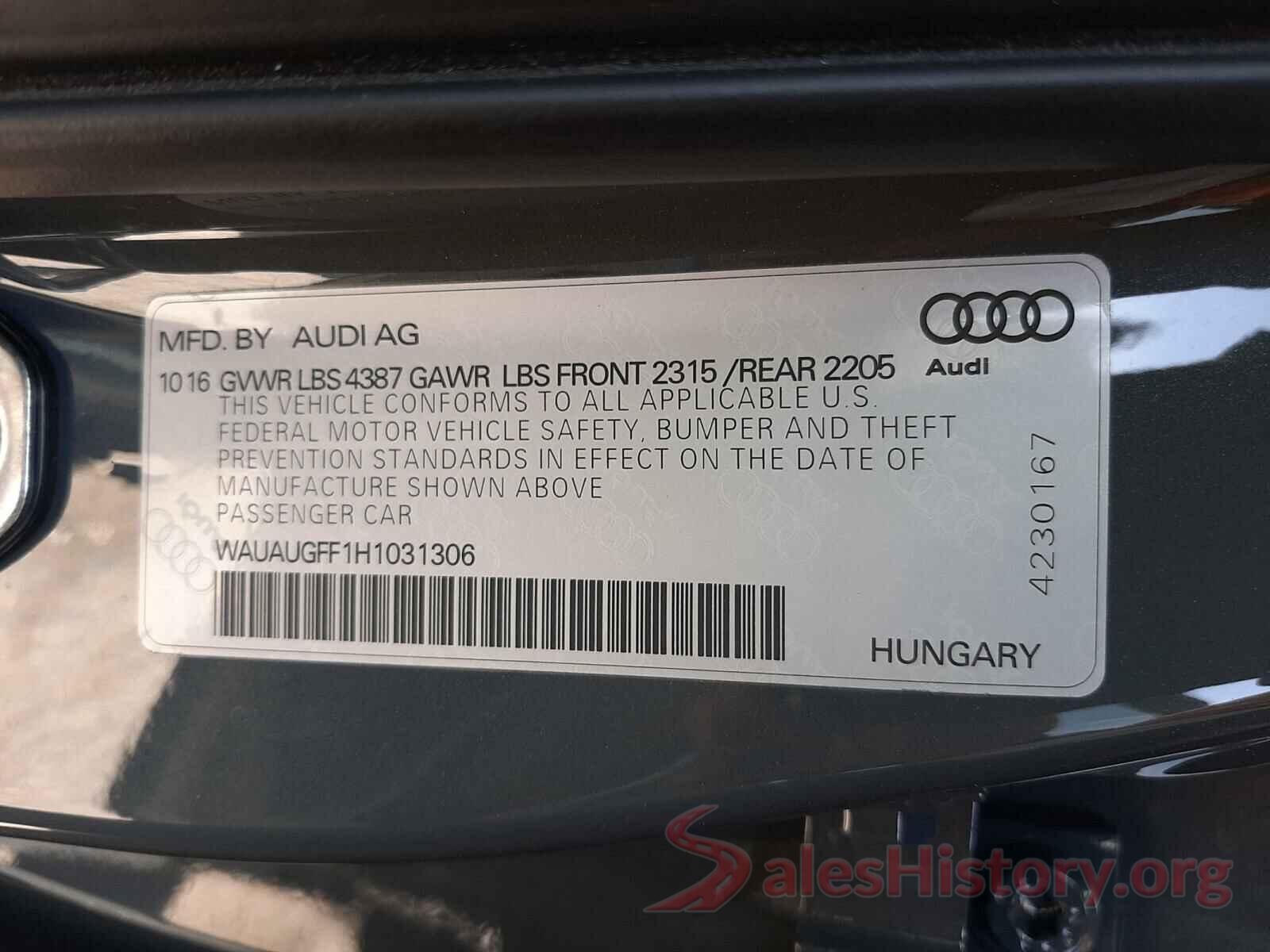 WAUAUGFF1H1031306 2017 AUDI A3