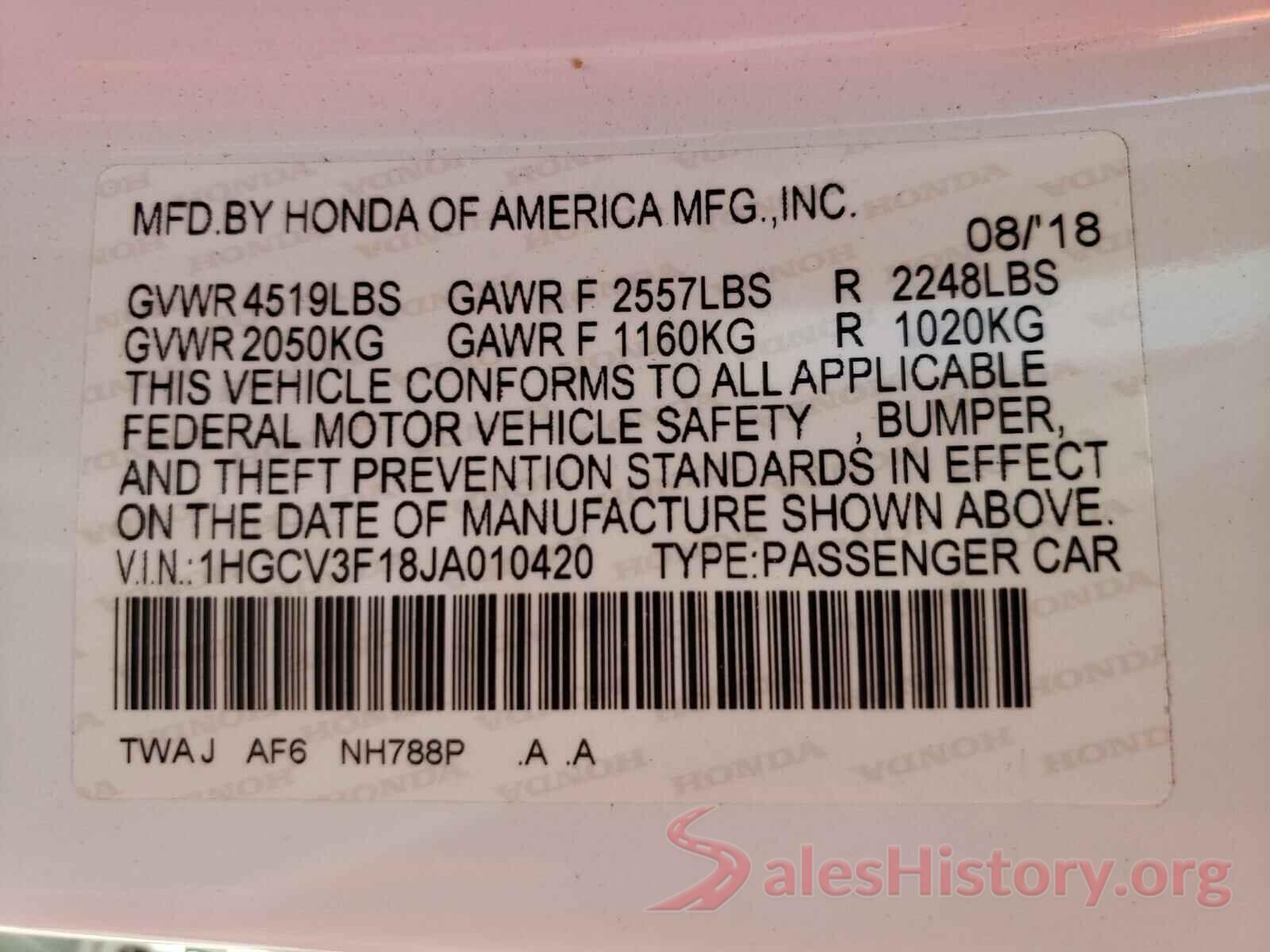 1HGCV3F18JA010420 2018 HONDA ACCORD