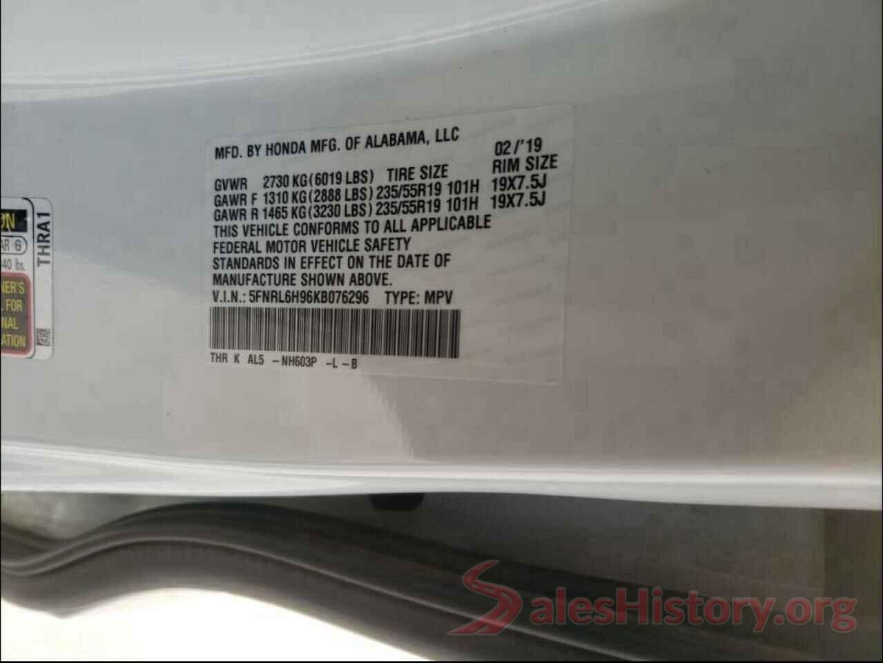 5FNRL6H96KB076296 2019 HONDA ODYSSEY