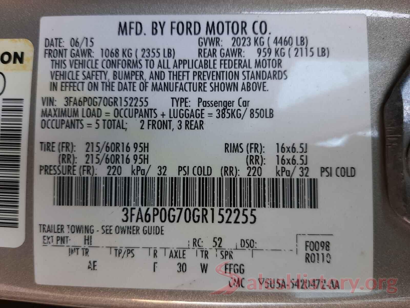 3FA6P0G70GR152255 2016 FORD FUSION