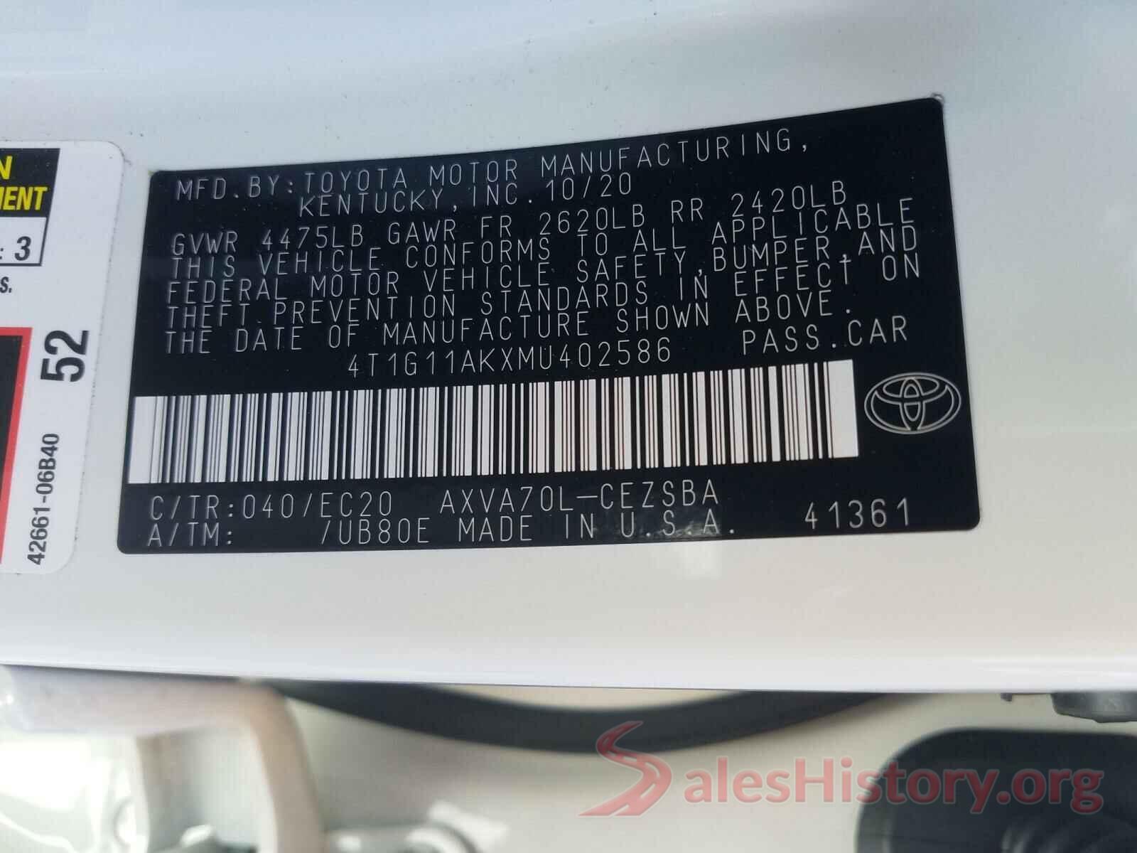 4T1G11AKXMU402586 2021 TOYOTA CAMRY