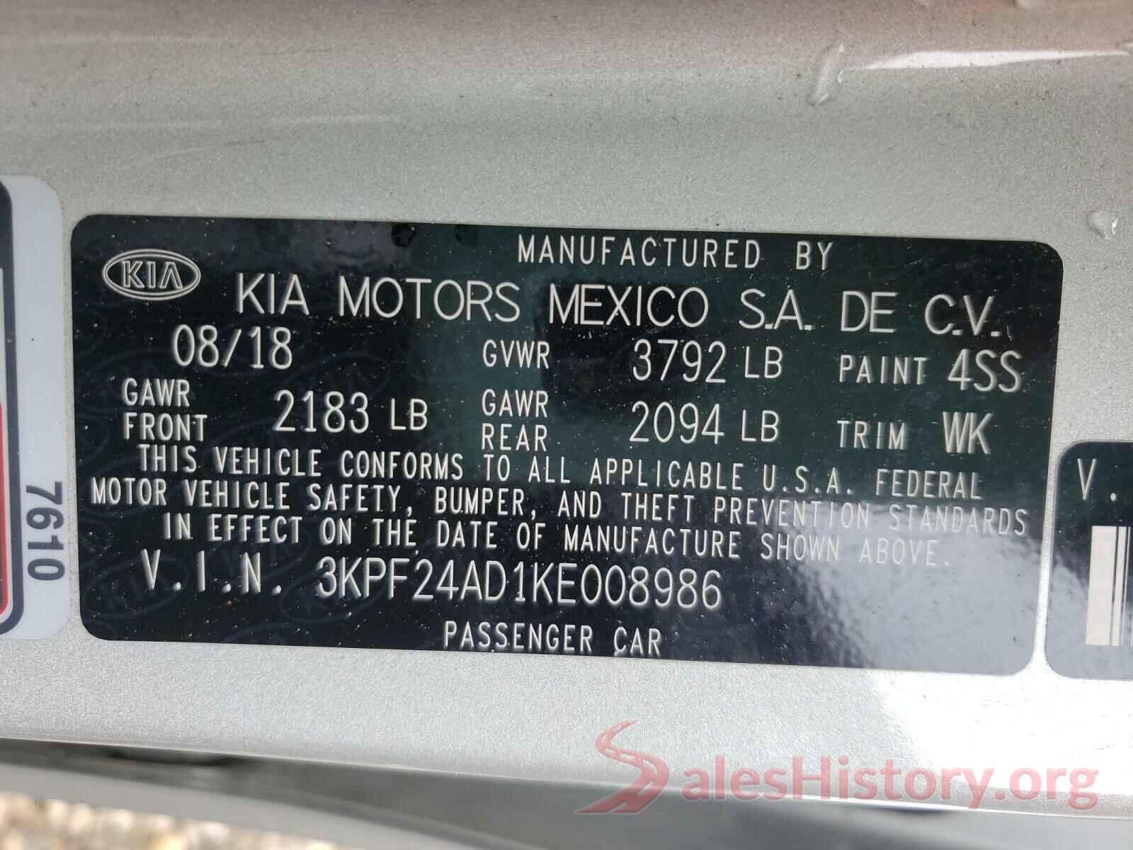 3KPF24AD1KE008986 2019 KIA FORTE