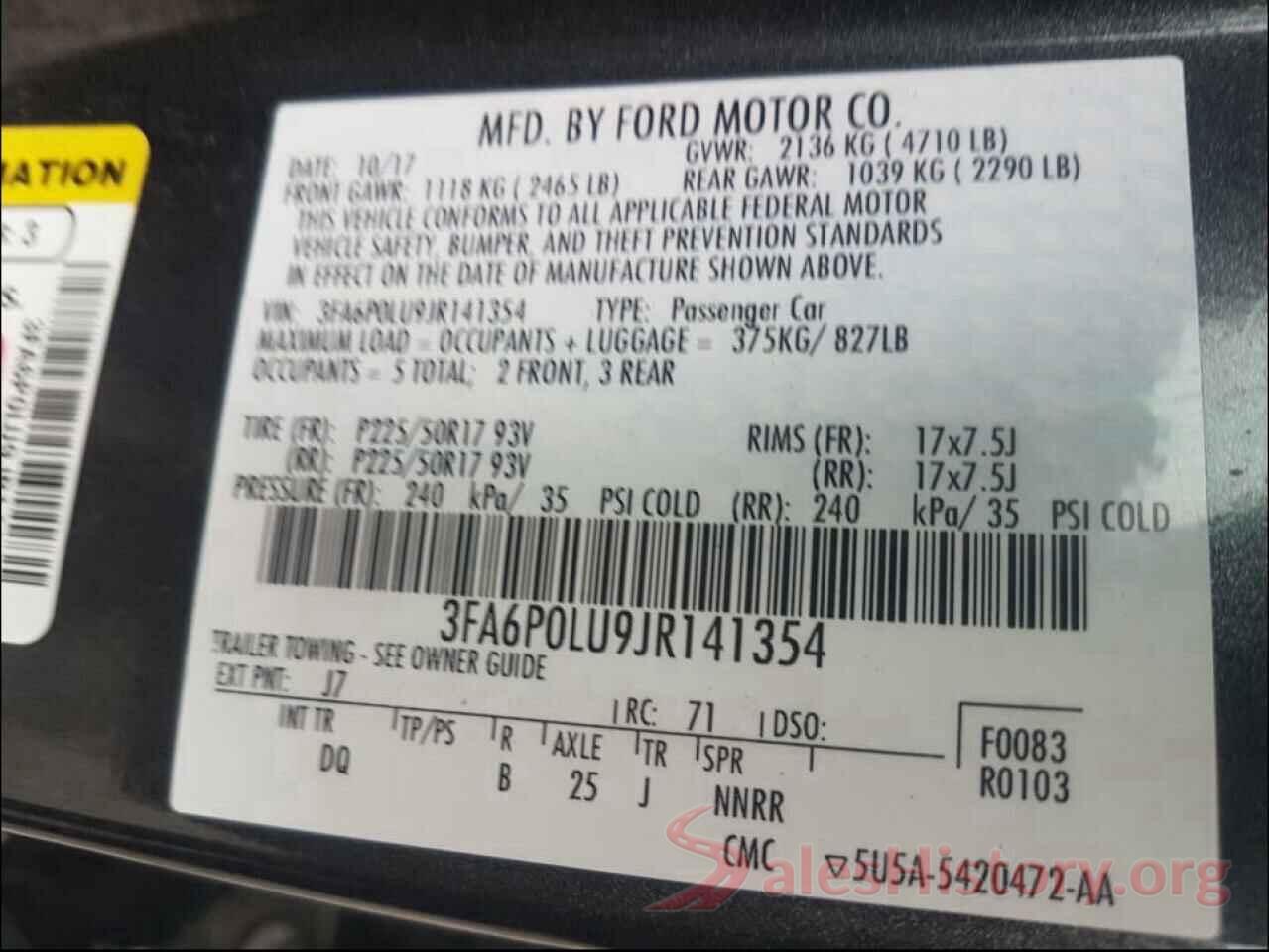 3FA6P0LU9JR141354 2018 FORD FUSION