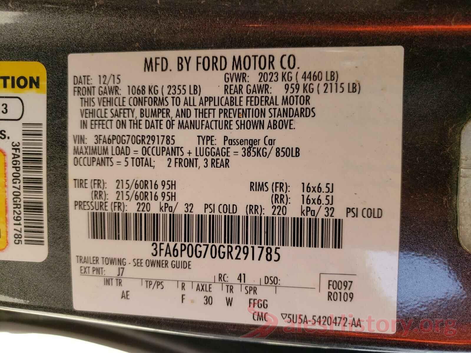 3FA6P0G70GR291785 2016 FORD FUSION