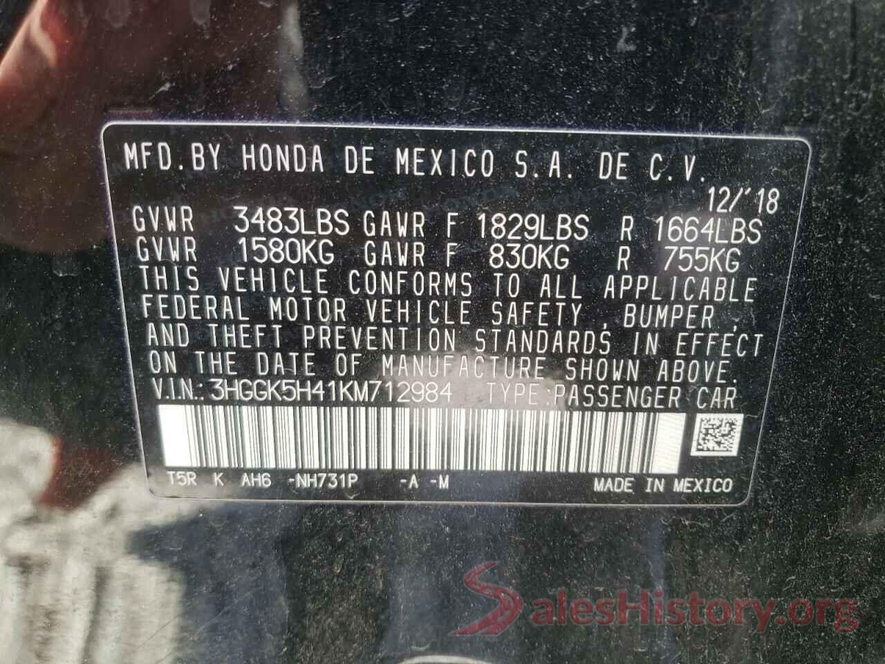 3HGGK5H41KM712984 2019 HONDA FIT