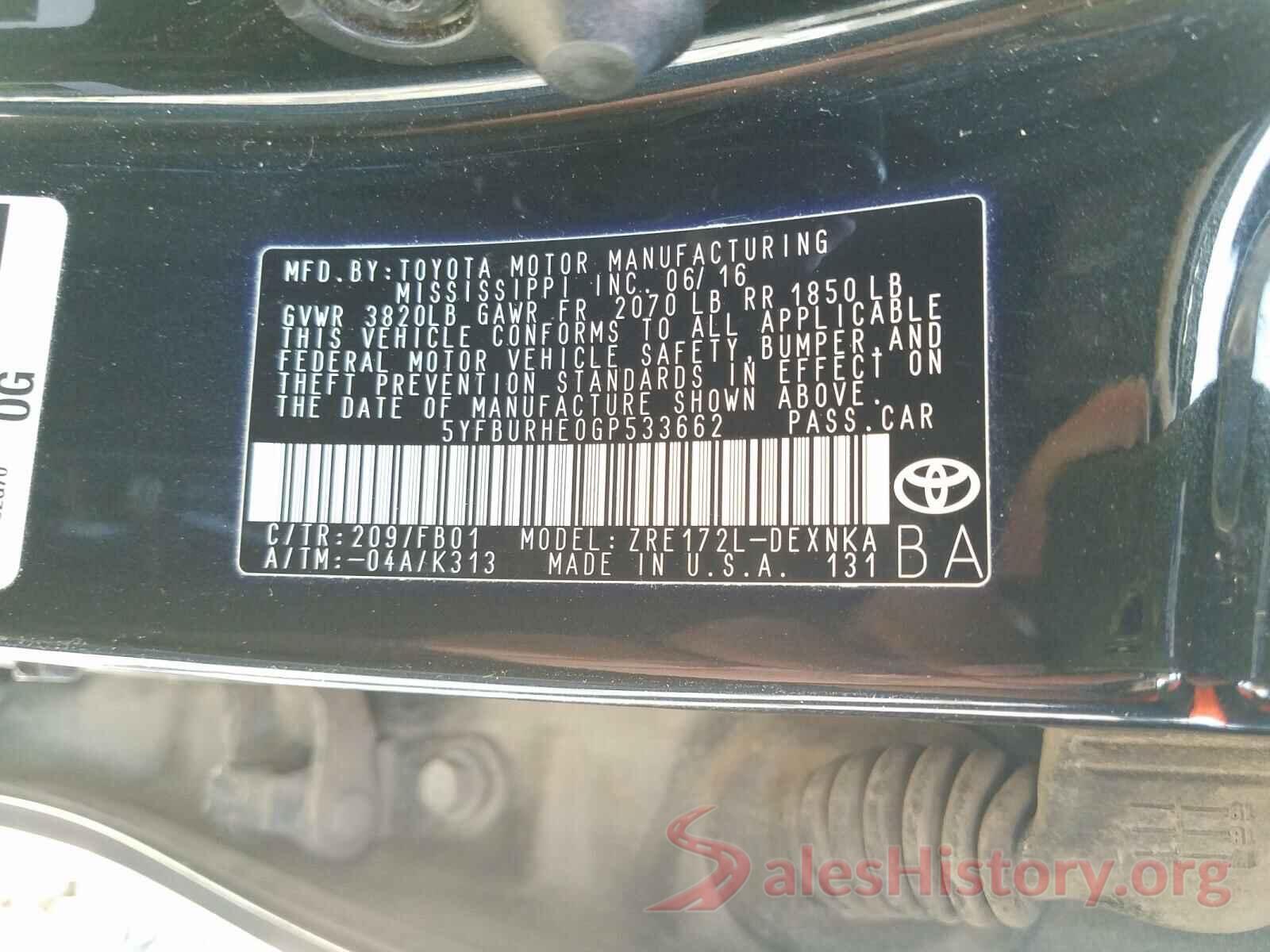 5YFBURHE0GP533662 2016 TOYOTA COROLLA