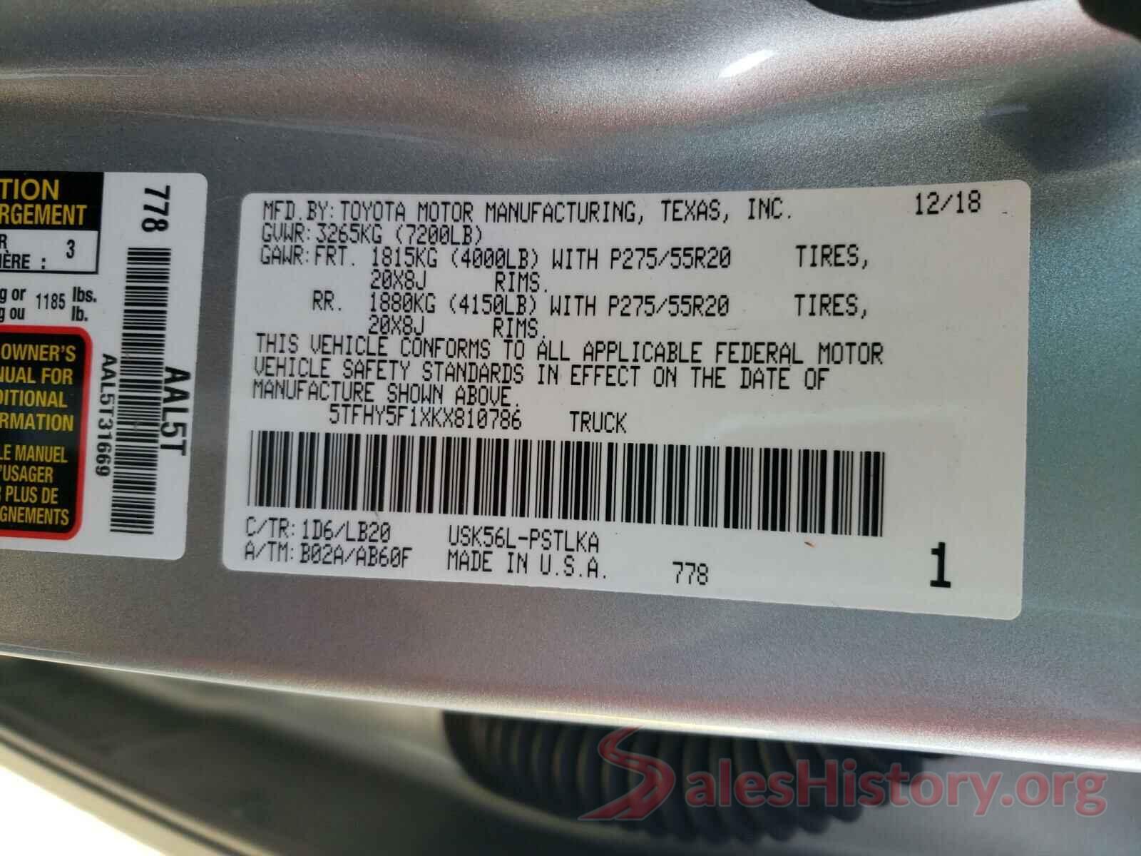 5TFHY5F1XKX810786 2019 TOYOTA TUNDRA