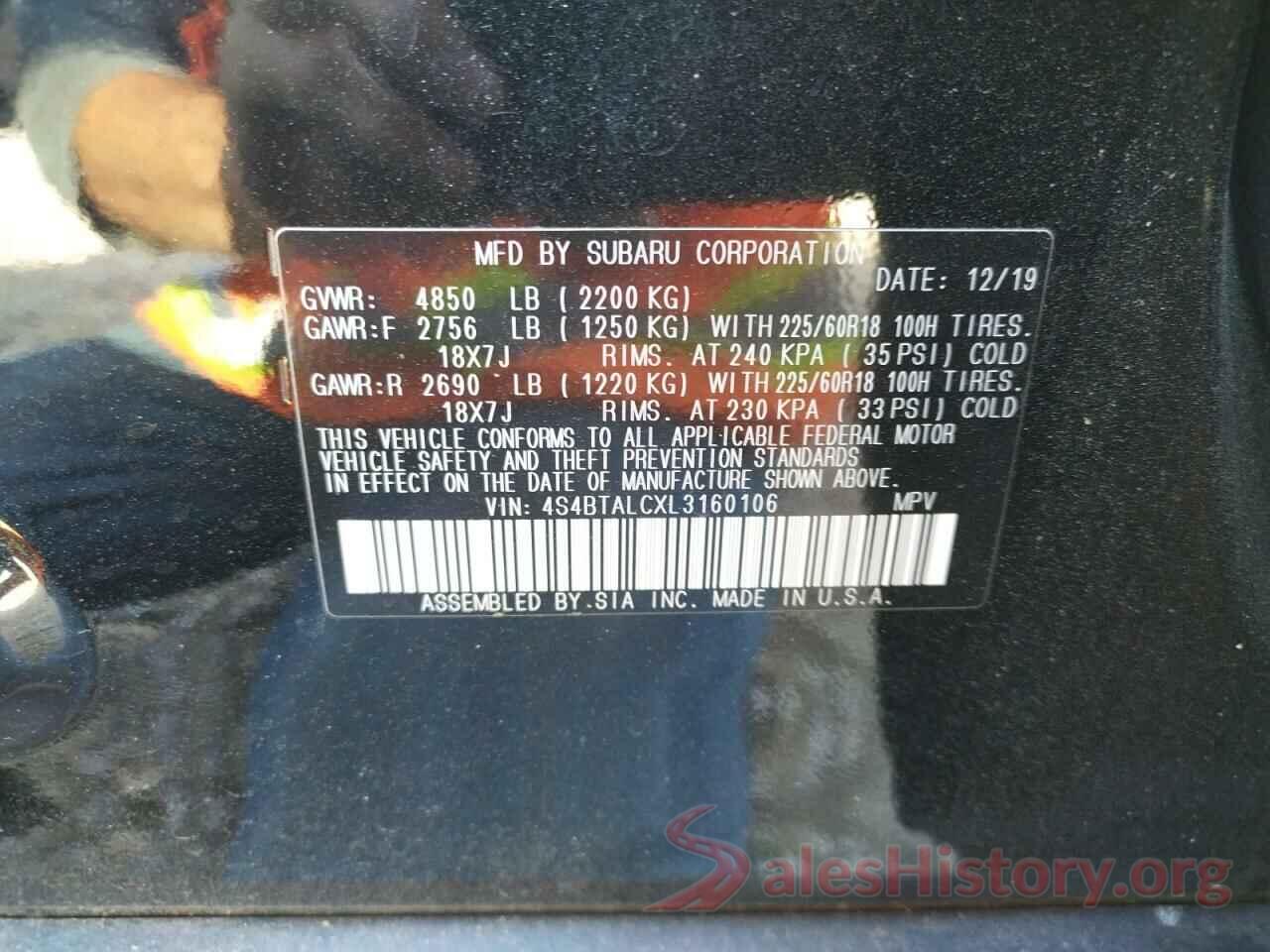 4S4BTALCXL3160106 2020 SUBARU OUTBACK