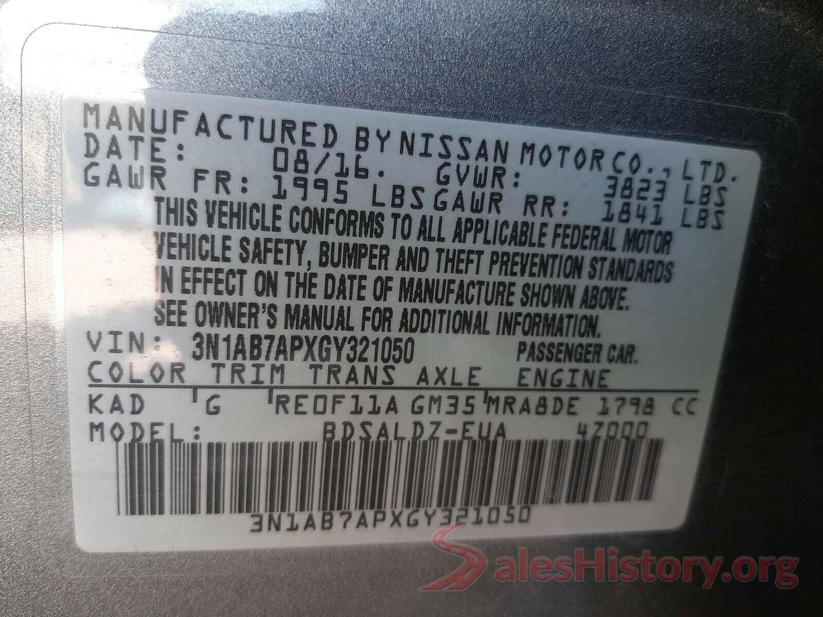 3N1AB7APXGY321050 2016 NISSAN SENTRA