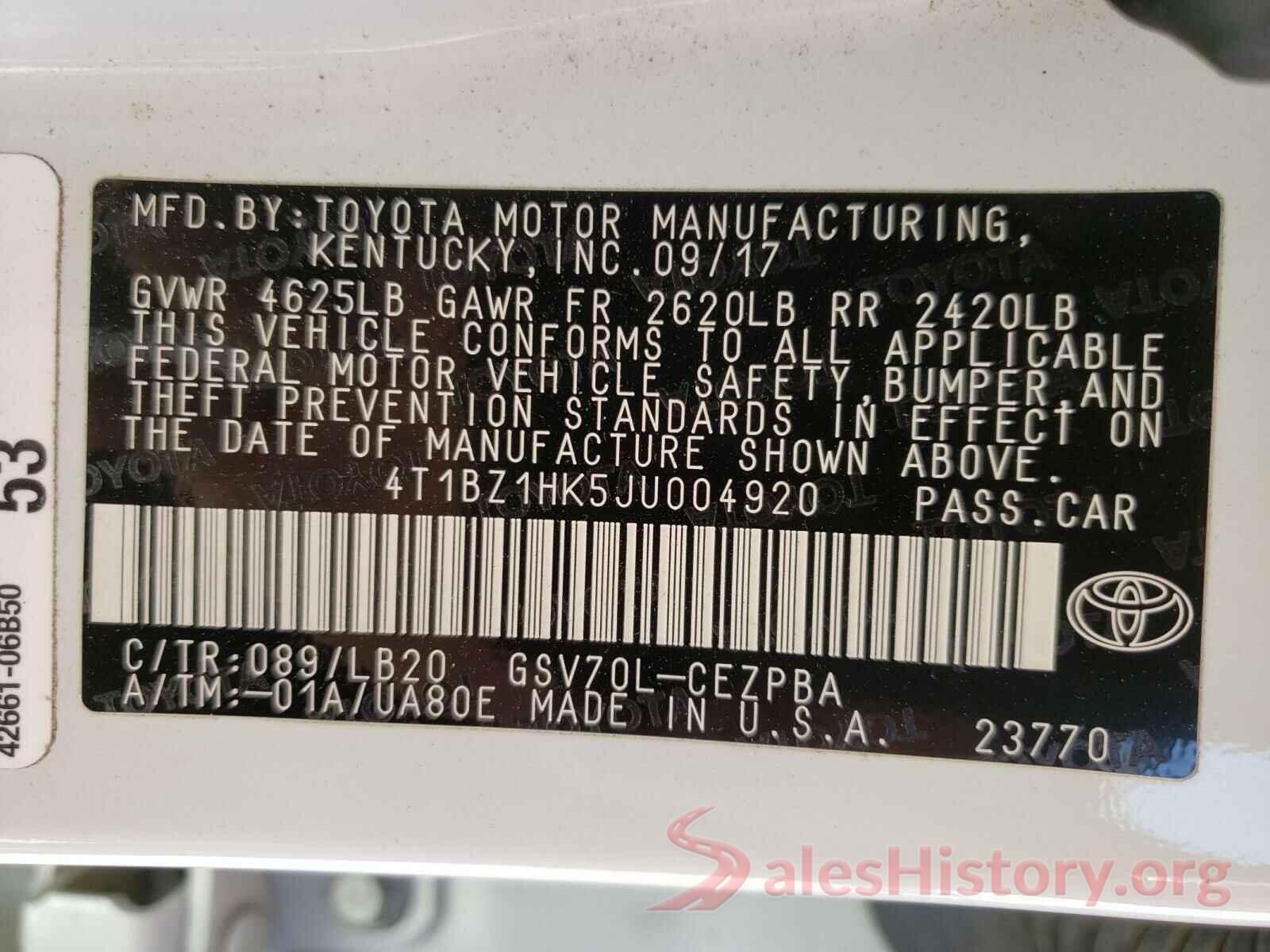 4T1BZ1HK5JU004920 2018 TOYOTA CAMRY