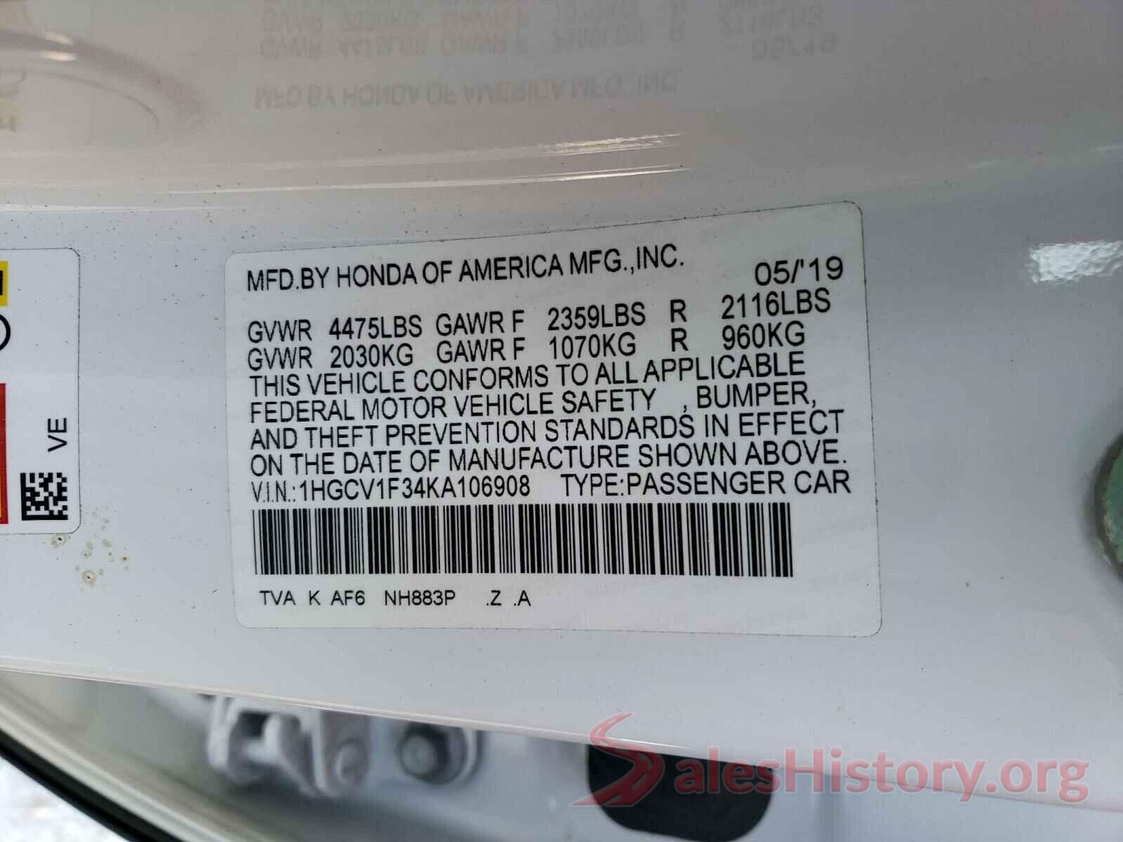 1HGCV1F34KA106908 2019 HONDA ACCORD