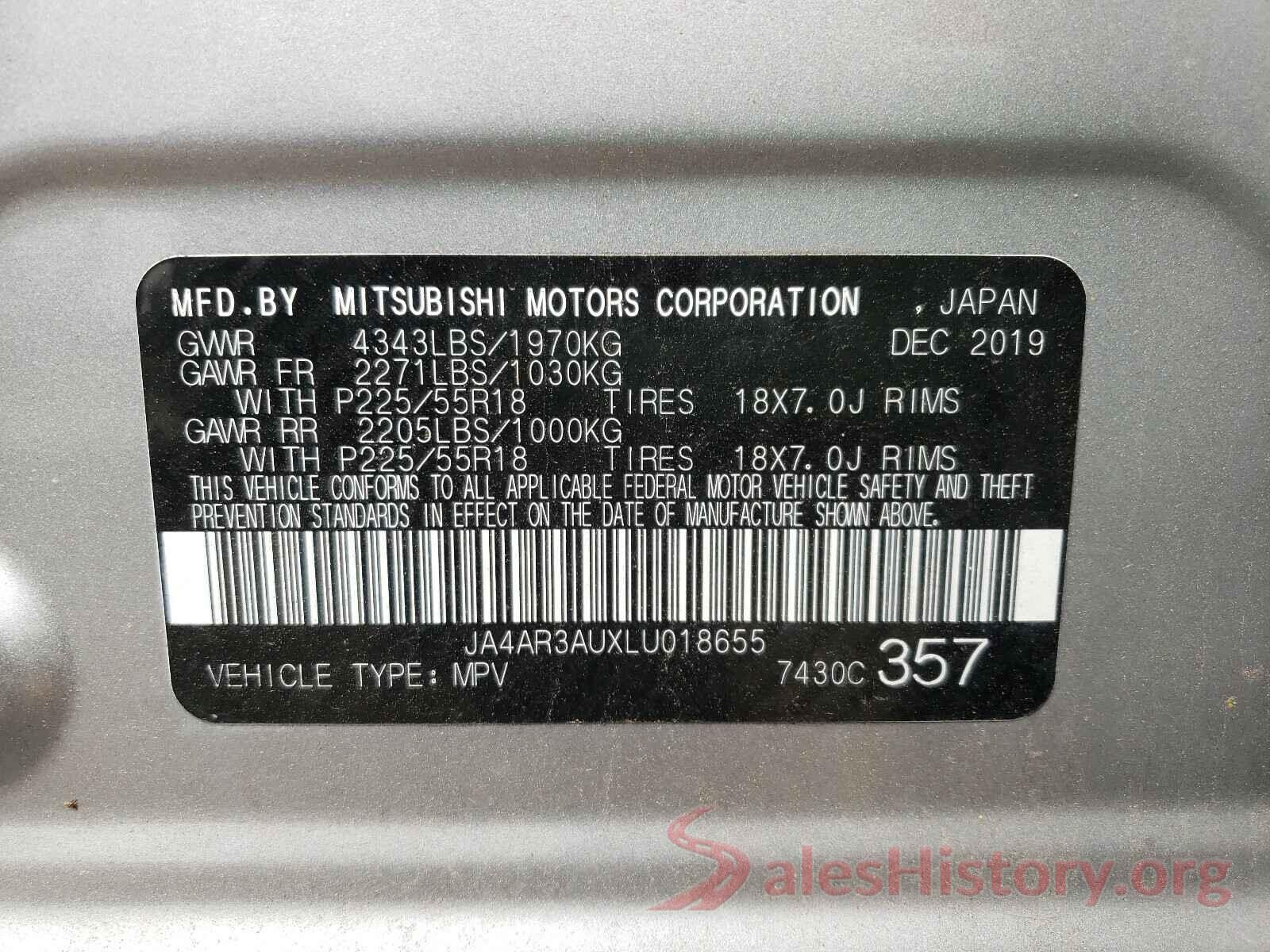 JA4AR3AUXLU018655 2020 MITSUBISHI OUTLANDER