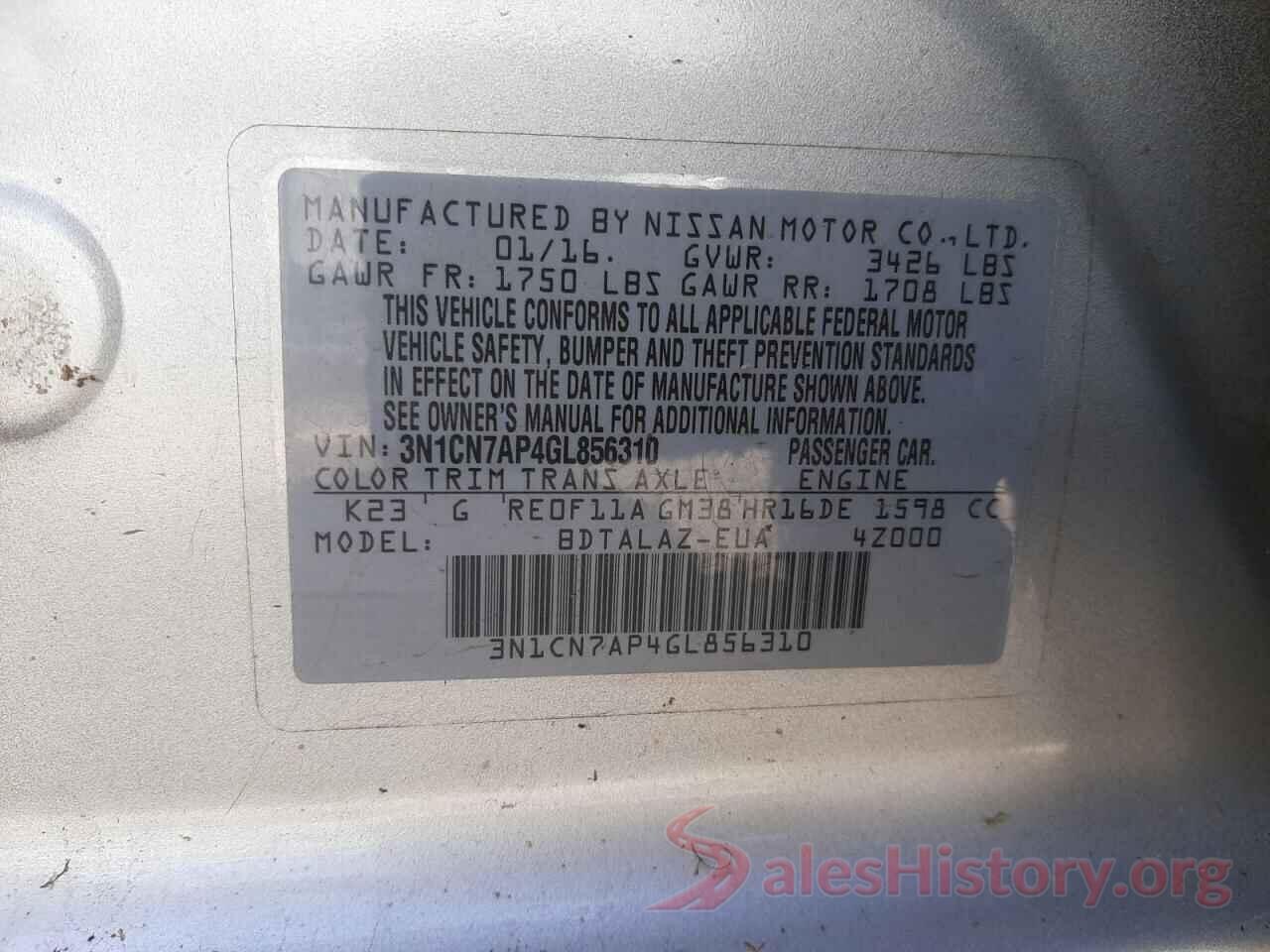 3N1CN7AP4GL856310 2016 NISSAN VERSA