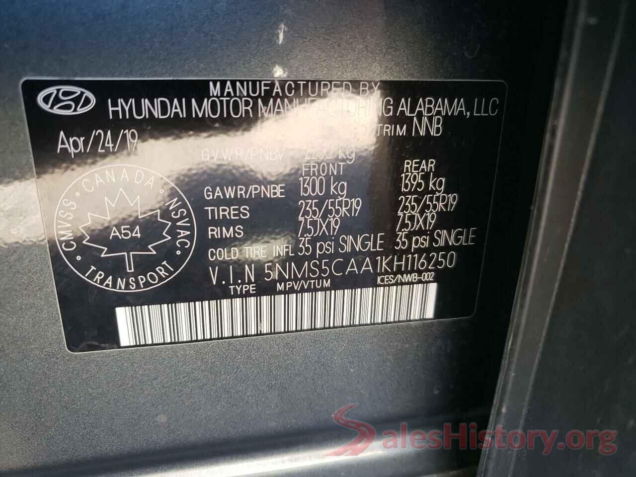 5NMS5CAA1KH116250 2019 HYUNDAI SANTA FE