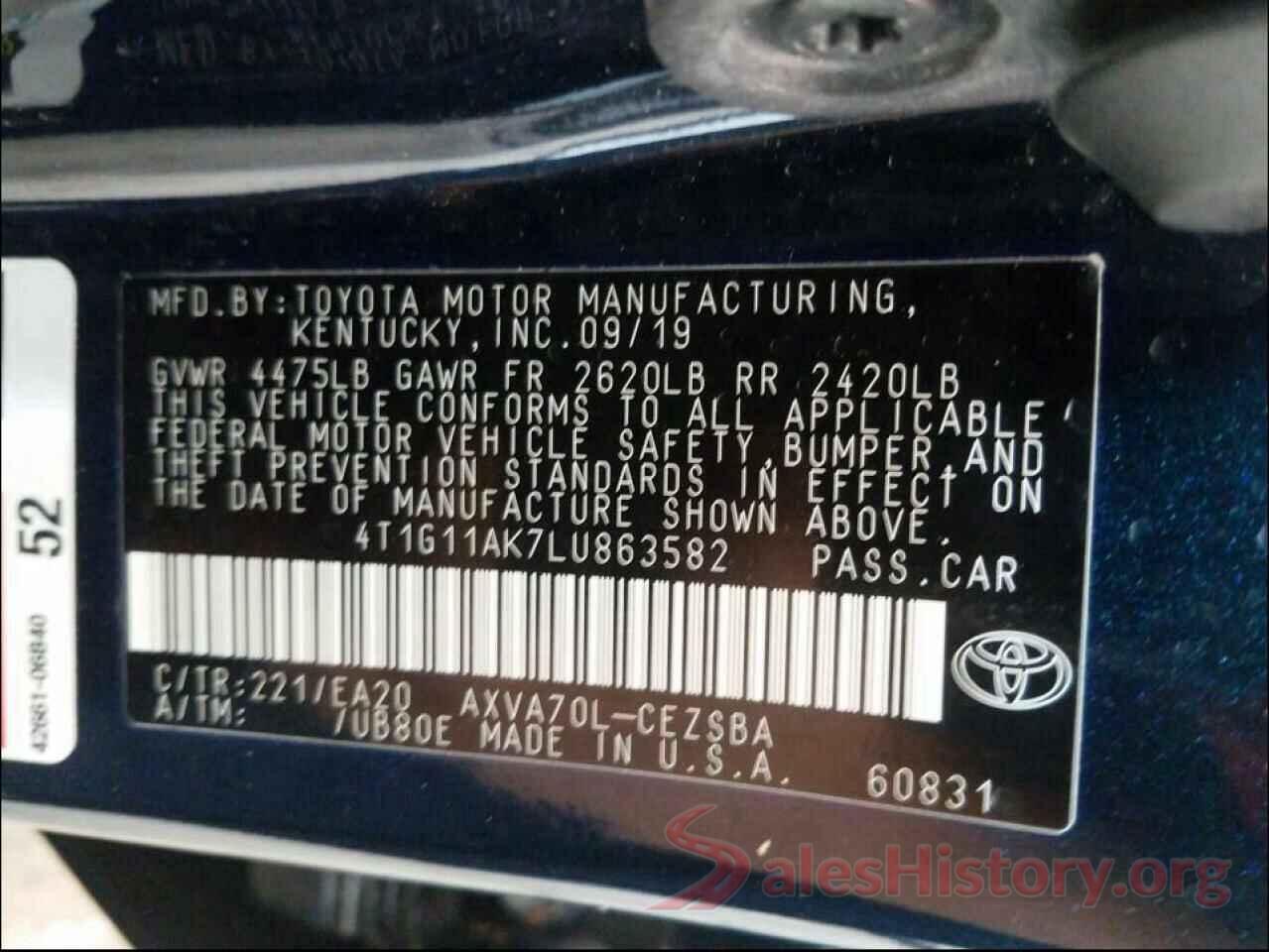 4T1G11AK7LU863582 2020 TOYOTA CAMRY