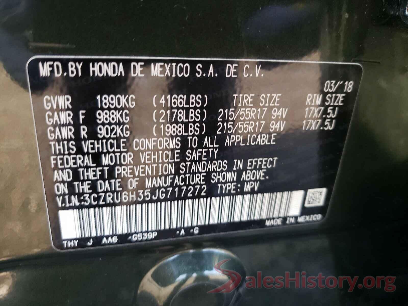 3CZRU6H35JG717272 2018 HONDA HR-V