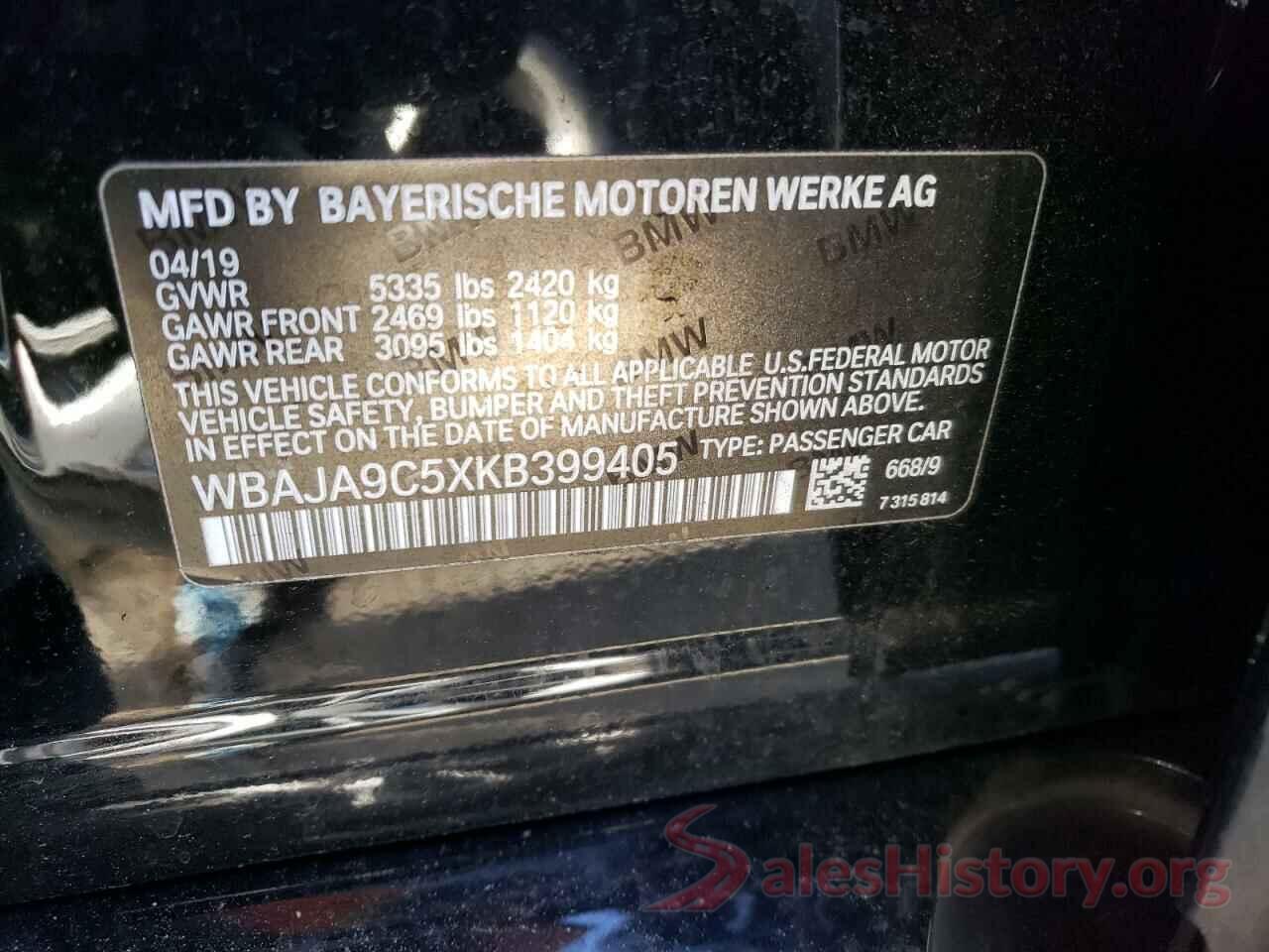 WBAJA9C5XKB399405 2019 BMW 5 SERIES