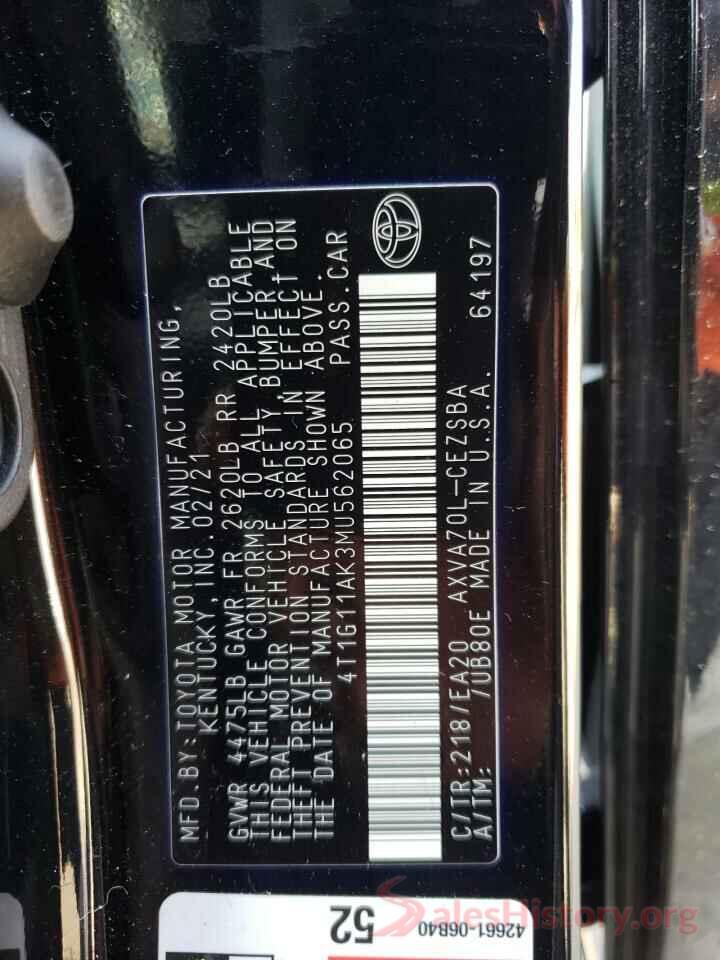 4T1G11AK3MU562065 2021 TOYOTA CAMRY