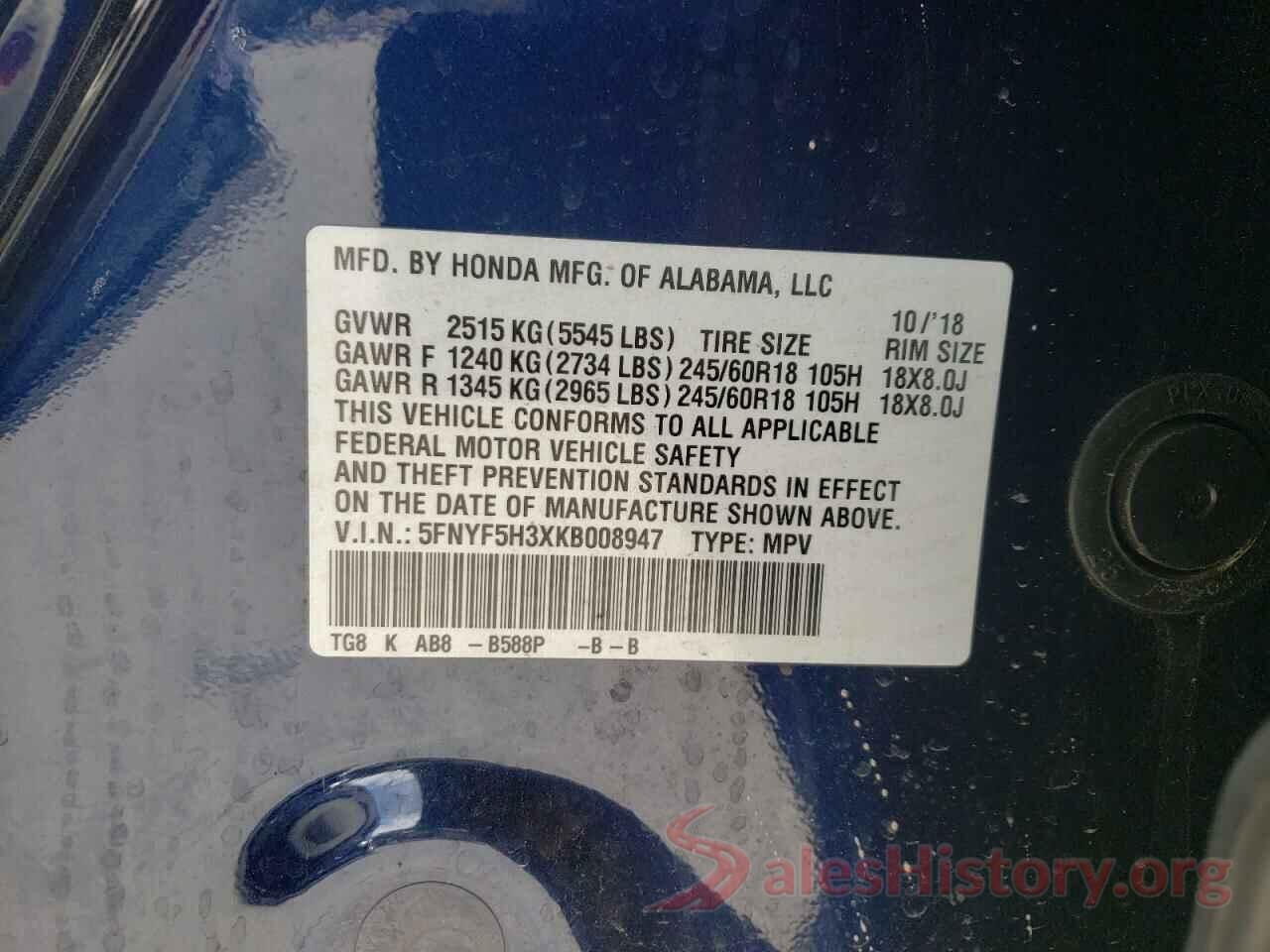 5FNYF5H3XKB008947 2019 HONDA PILOT