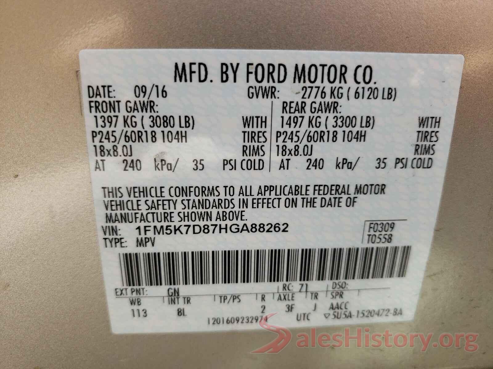 1FM5K7D87HGA88262 2017 FORD EXPLORER