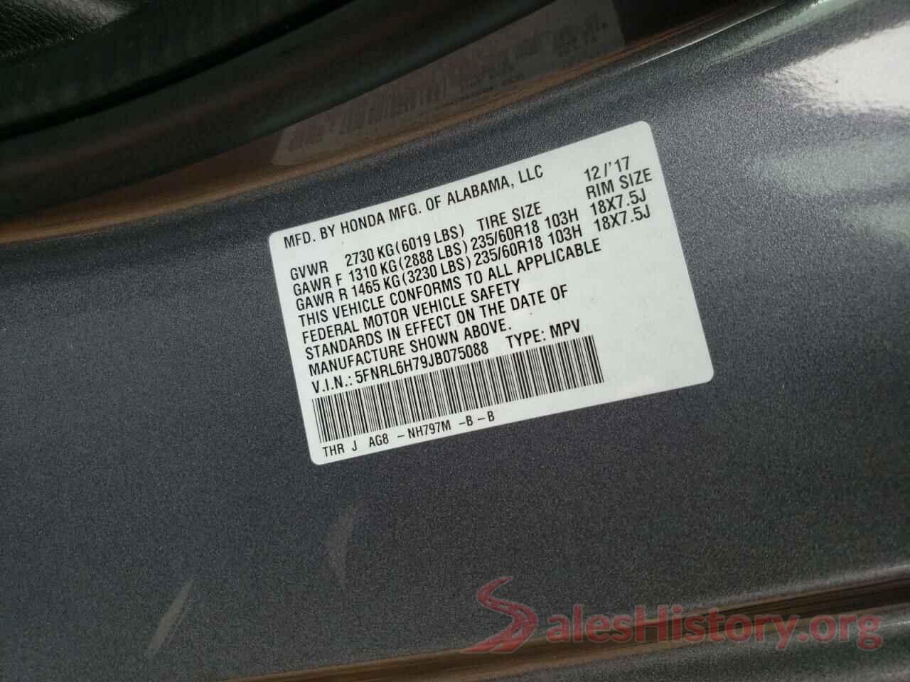 5FNRL6H79JB075088 2018 HONDA ODYSSEY