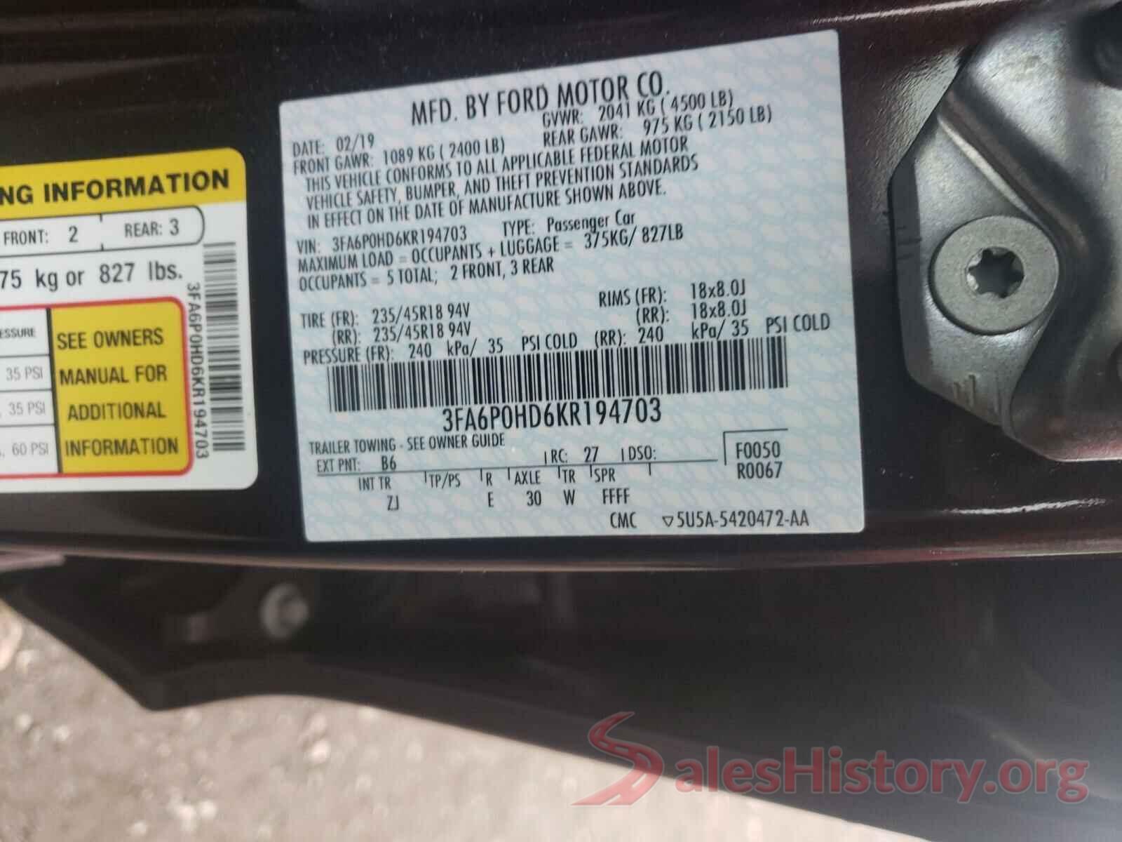 3FA6P0HD6KR194703 2019 FORD FUSION