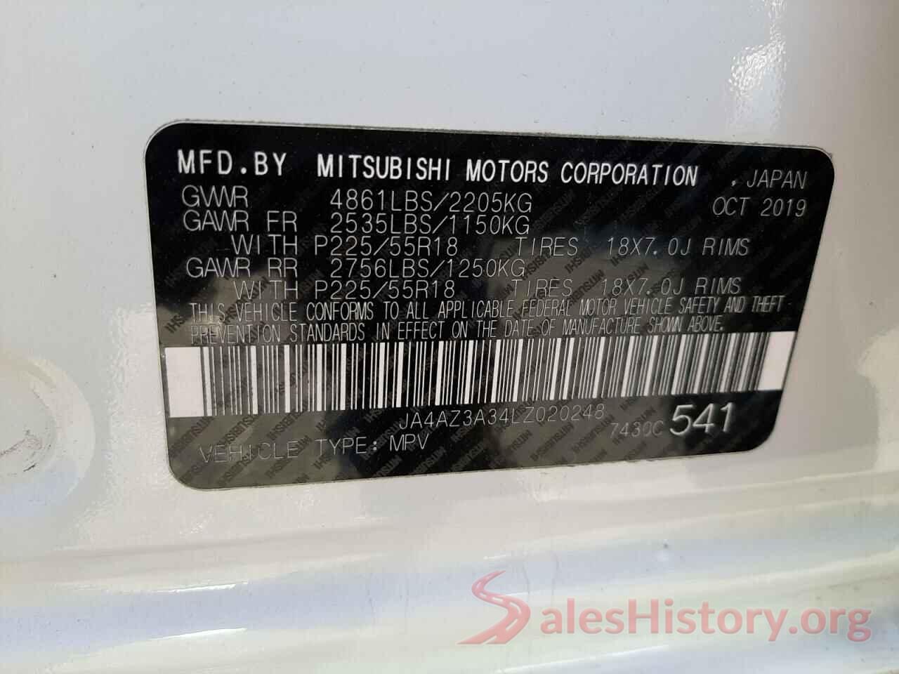 JA4AZ3A34LZ020248 2020 MITSUBISHI OUTLANDER