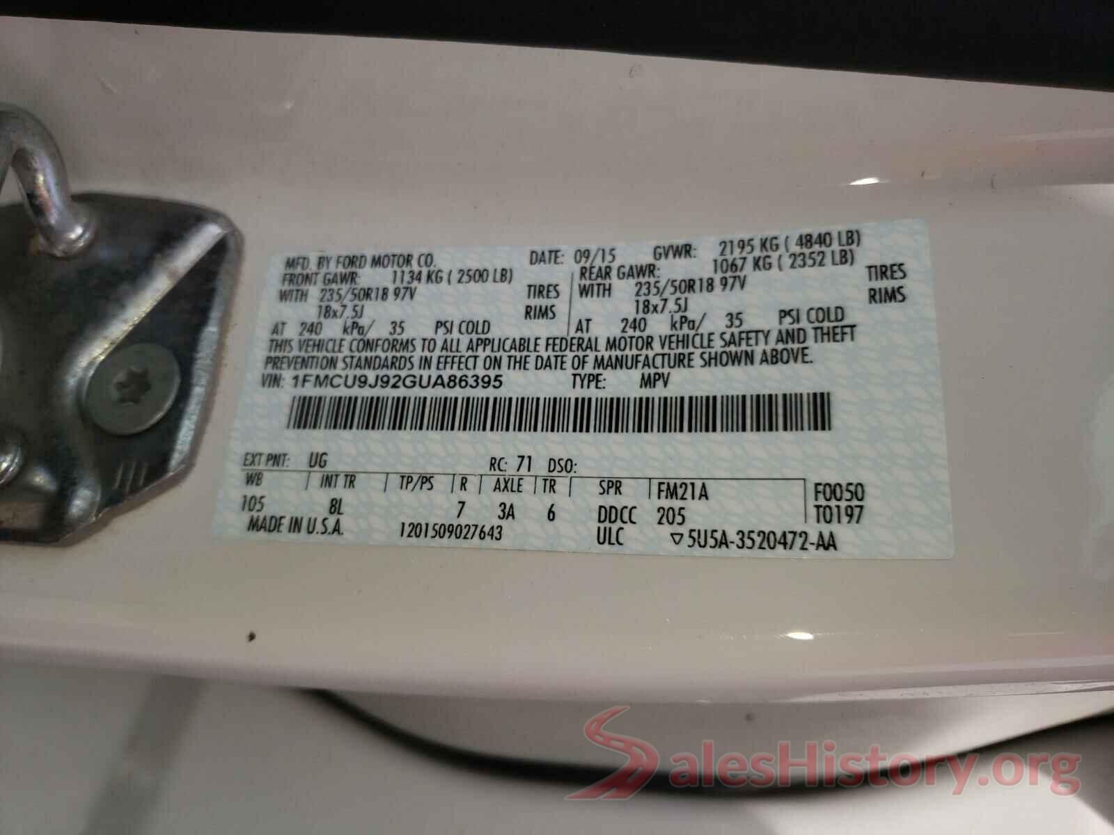 1FMCU9J92GUA86395 2016 FORD ESCAPE