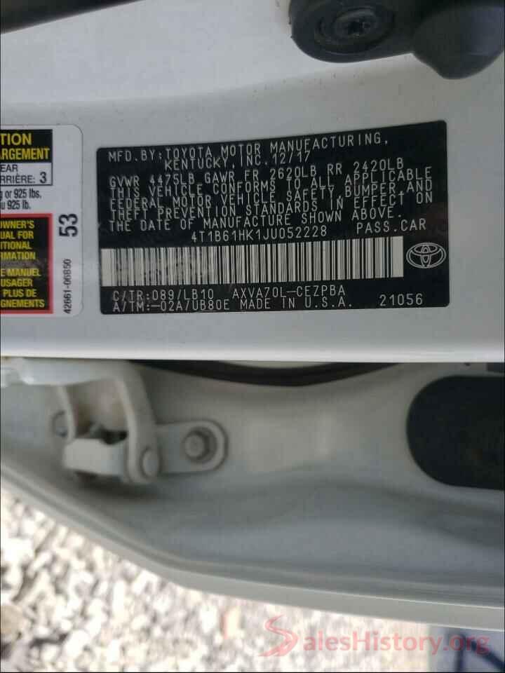 4T1B61HK1JU052228 2018 TOYOTA CAMRY