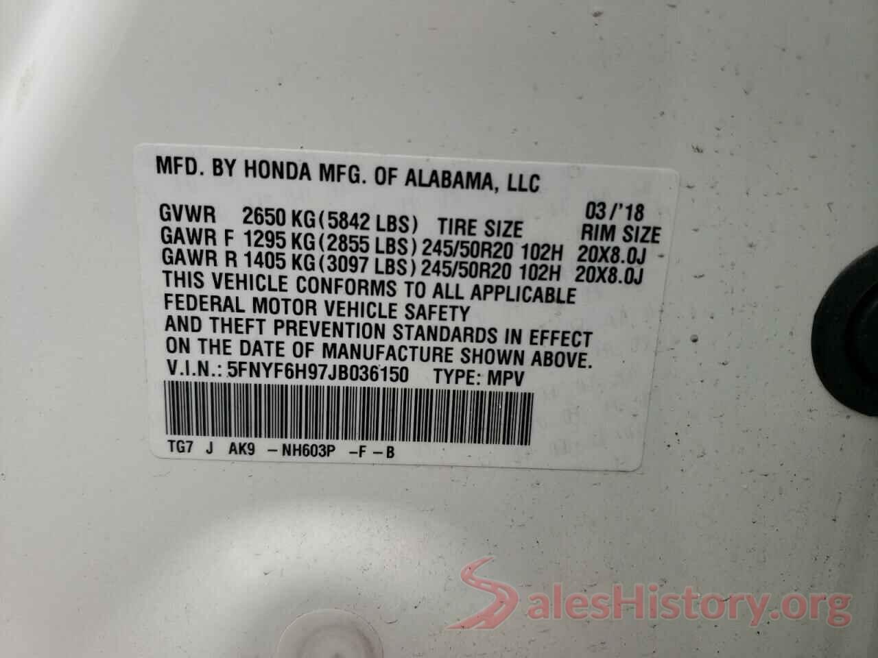 5FNYF6H97JB036150 2018 HONDA PILOT