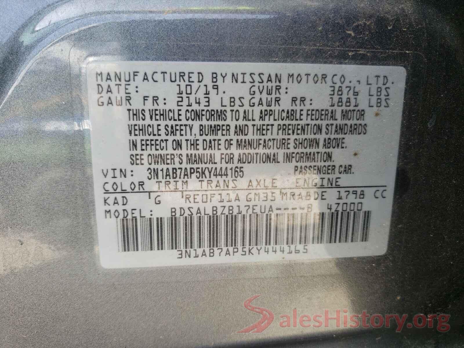 3N1AB7AP5KY444165 2019 NISSAN SENTRA