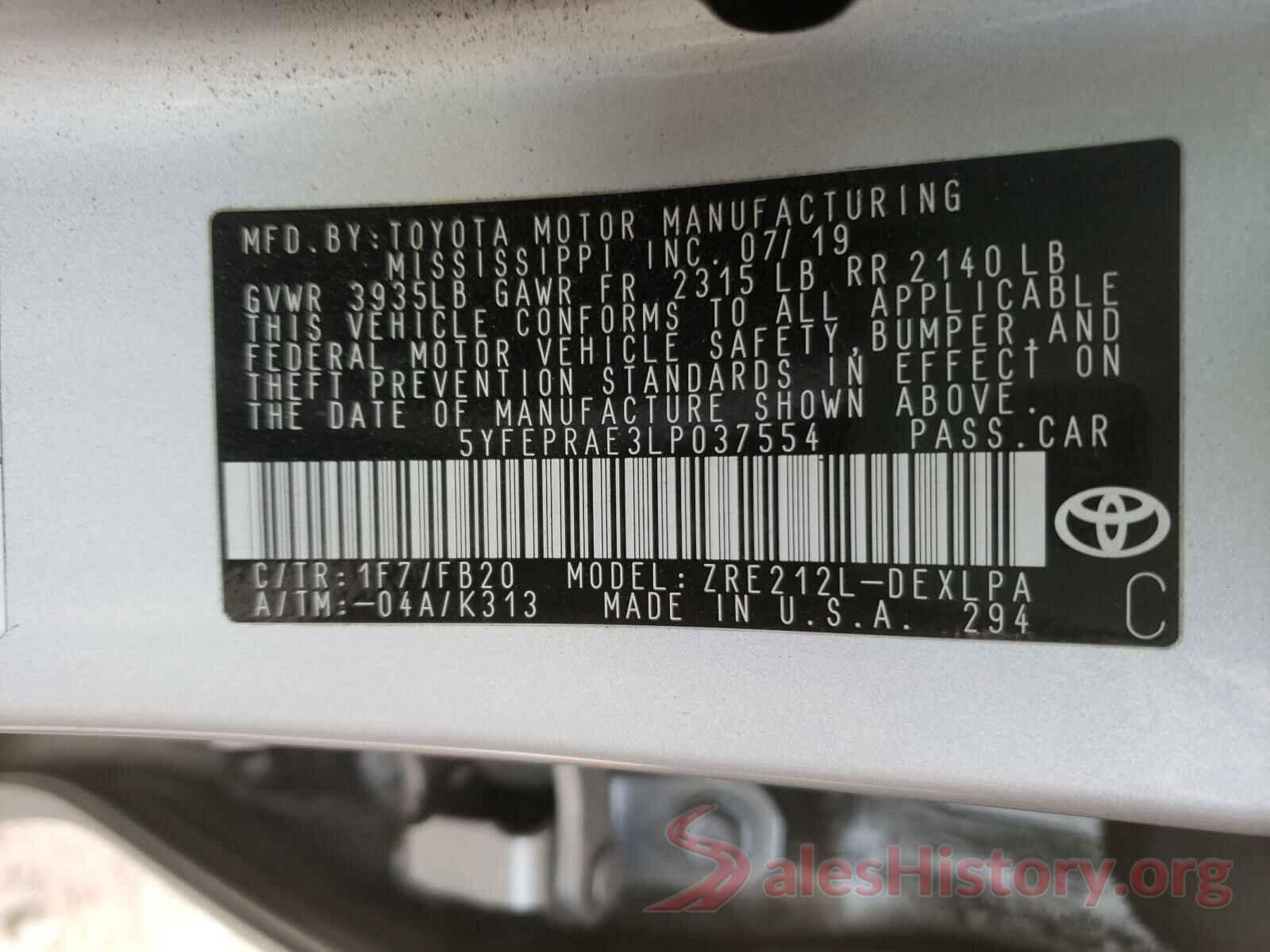 5YFEPRAE3LP037554 2020 TOYOTA COROLLA