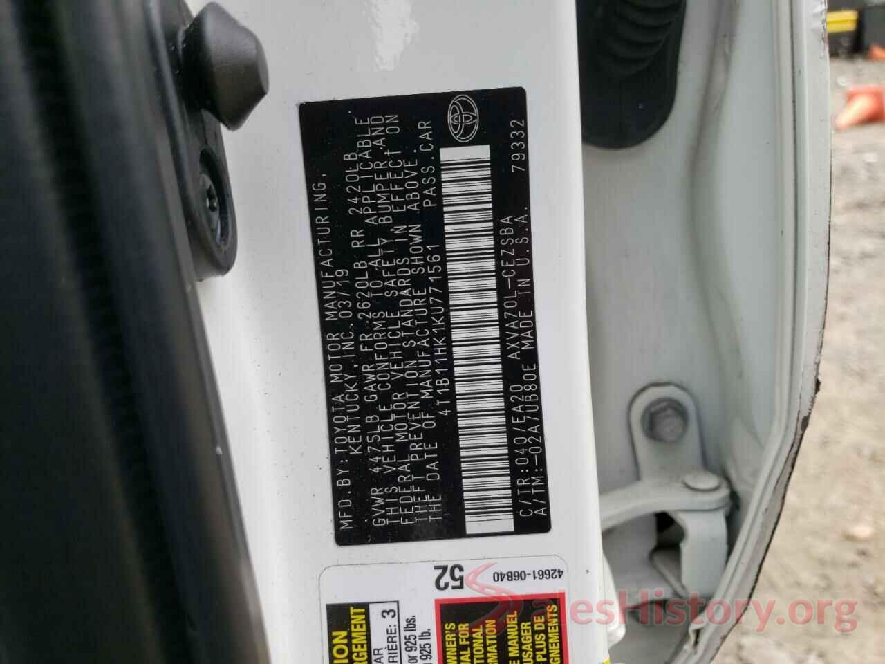 4T1B11HK1KU771561 2019 TOYOTA CAMRY