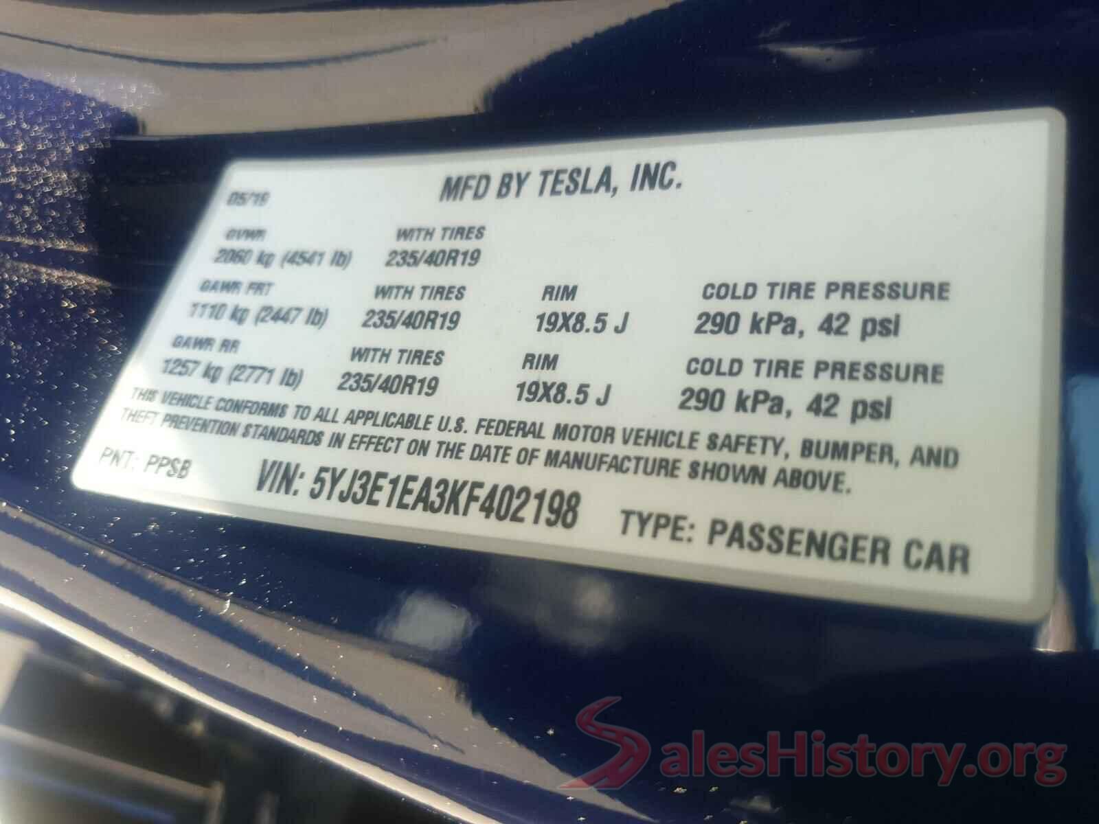 5YJ3E1EA3KF402198 2019 TESLA MODEL 3