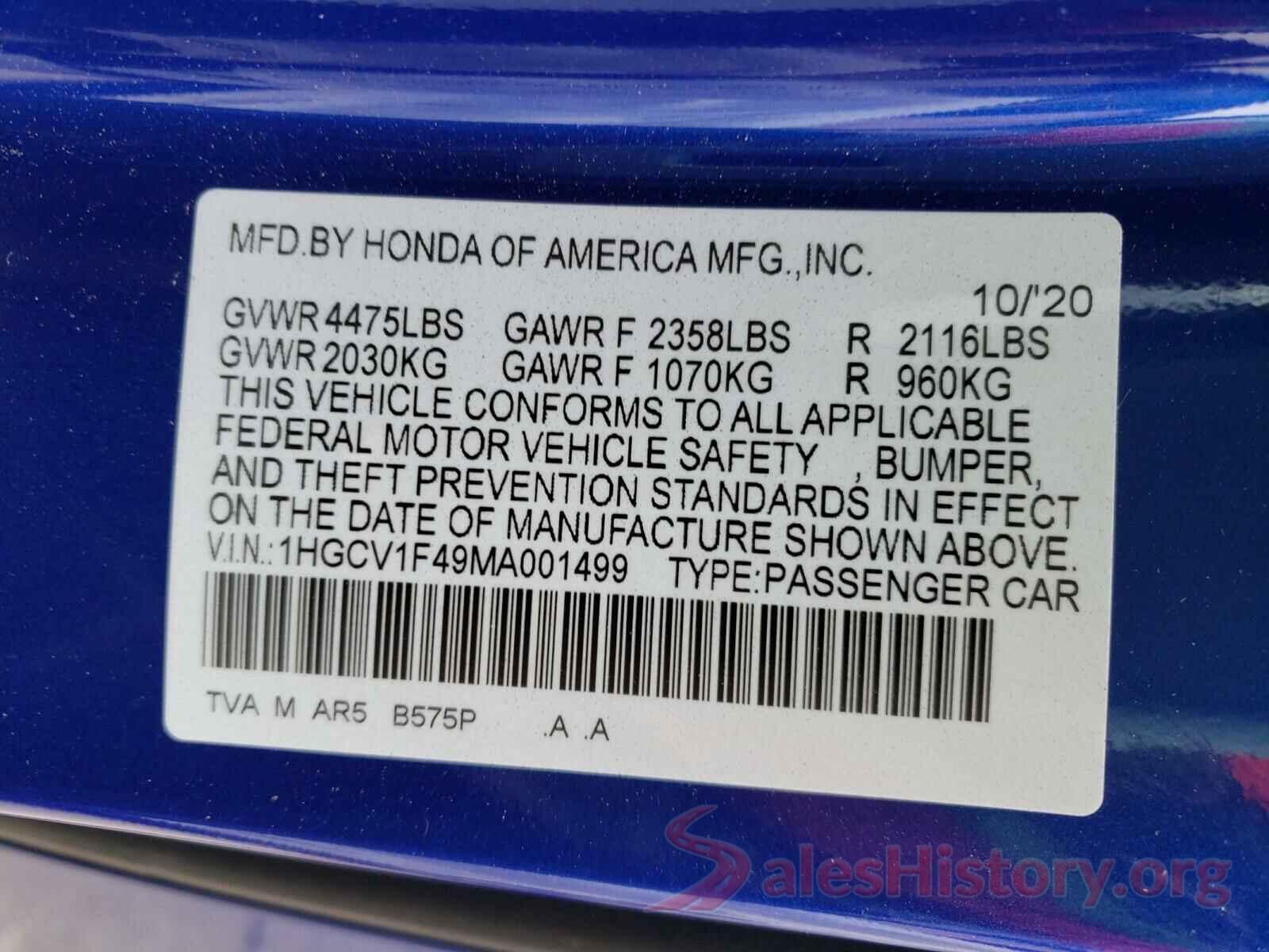 1HGCV1F49MA001499 2021 HONDA ACCORD