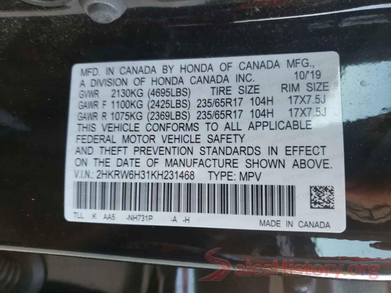 2HKRW6H31KH231468 2019 HONDA CRV