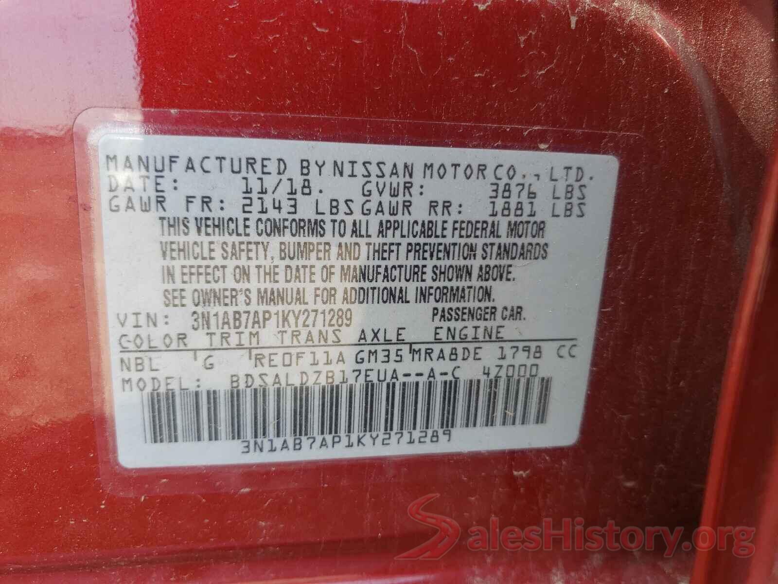 3N1AB7AP1KY271289 2019 NISSAN SENTRA