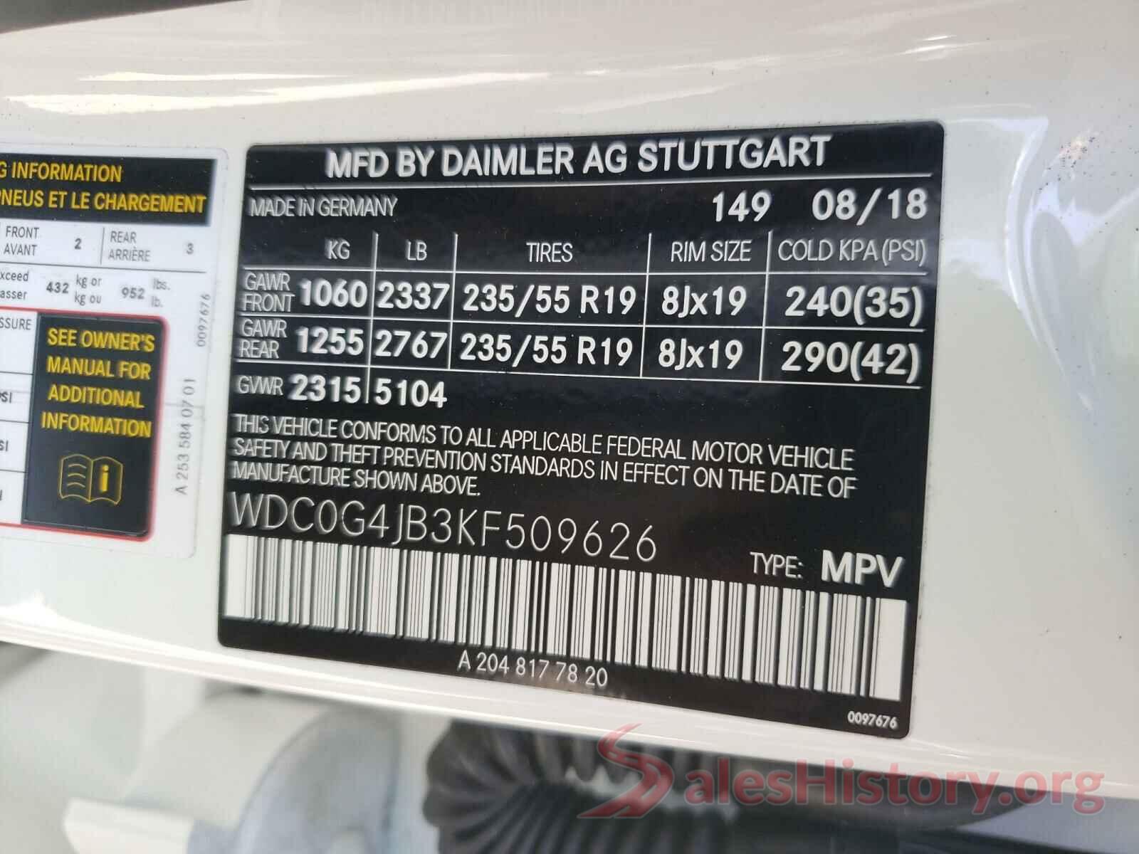 WDC0G4JB3KF509626 2019 MERCEDES-BENZ GLC-CLASS