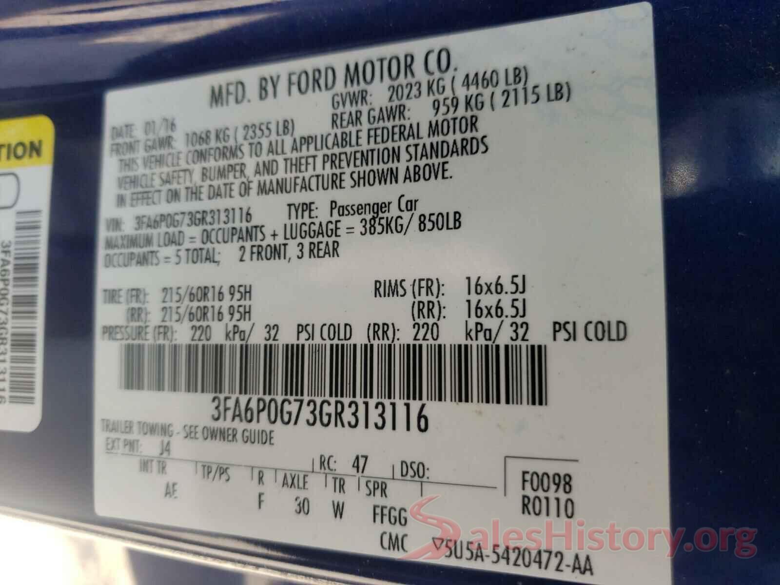 3FA6P0G73GR313116 2016 FORD FUSION