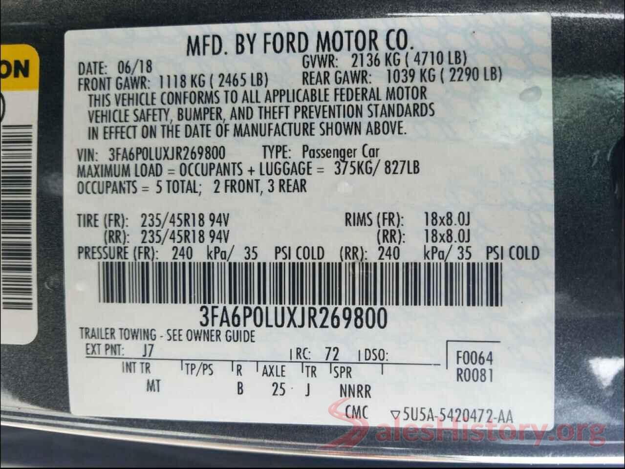 3FA6P0LUXJR269800 2018 FORD FUSION