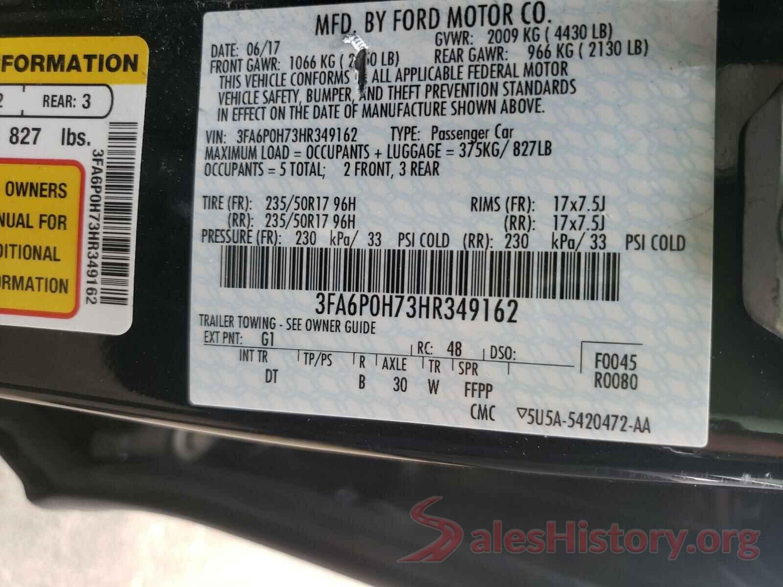 3FA6P0H73HR349162 2017 FORD FUSION